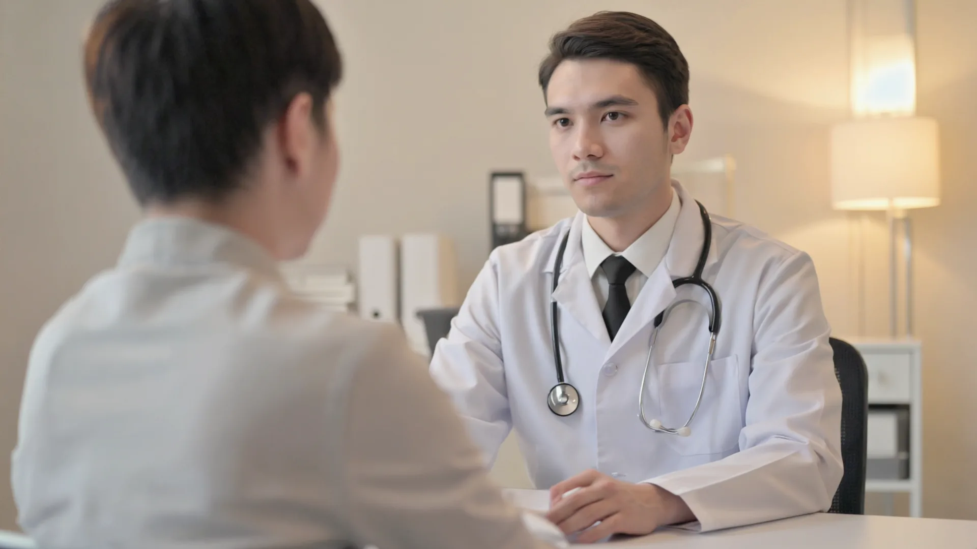 A doctor in a white coat listens to a patient across a desk in a softly lit consulting room