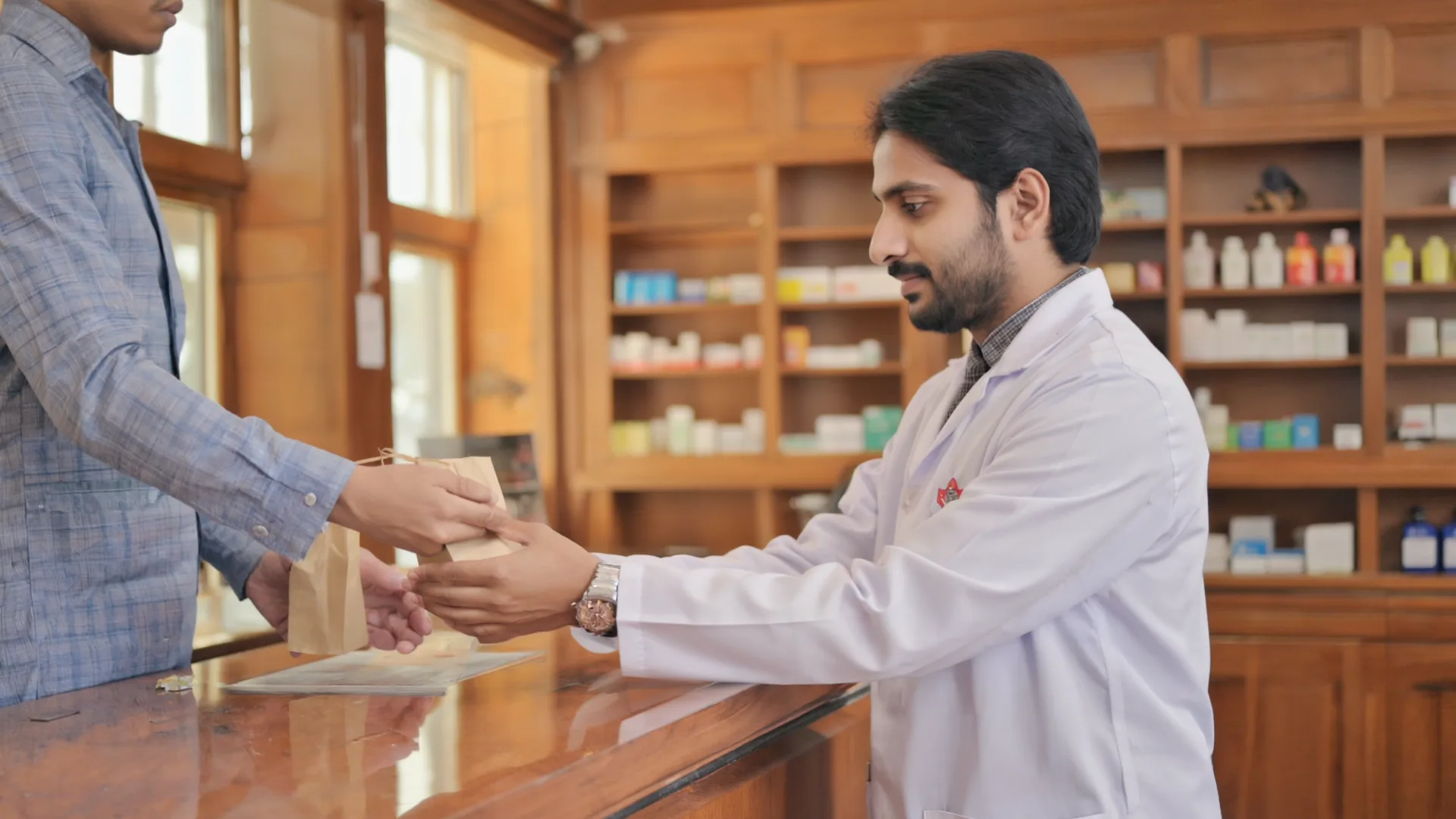 A pharmacist in a white coat handing a small plain paper bag across a pharmacy counter, soft daylight, shelves blurred behind