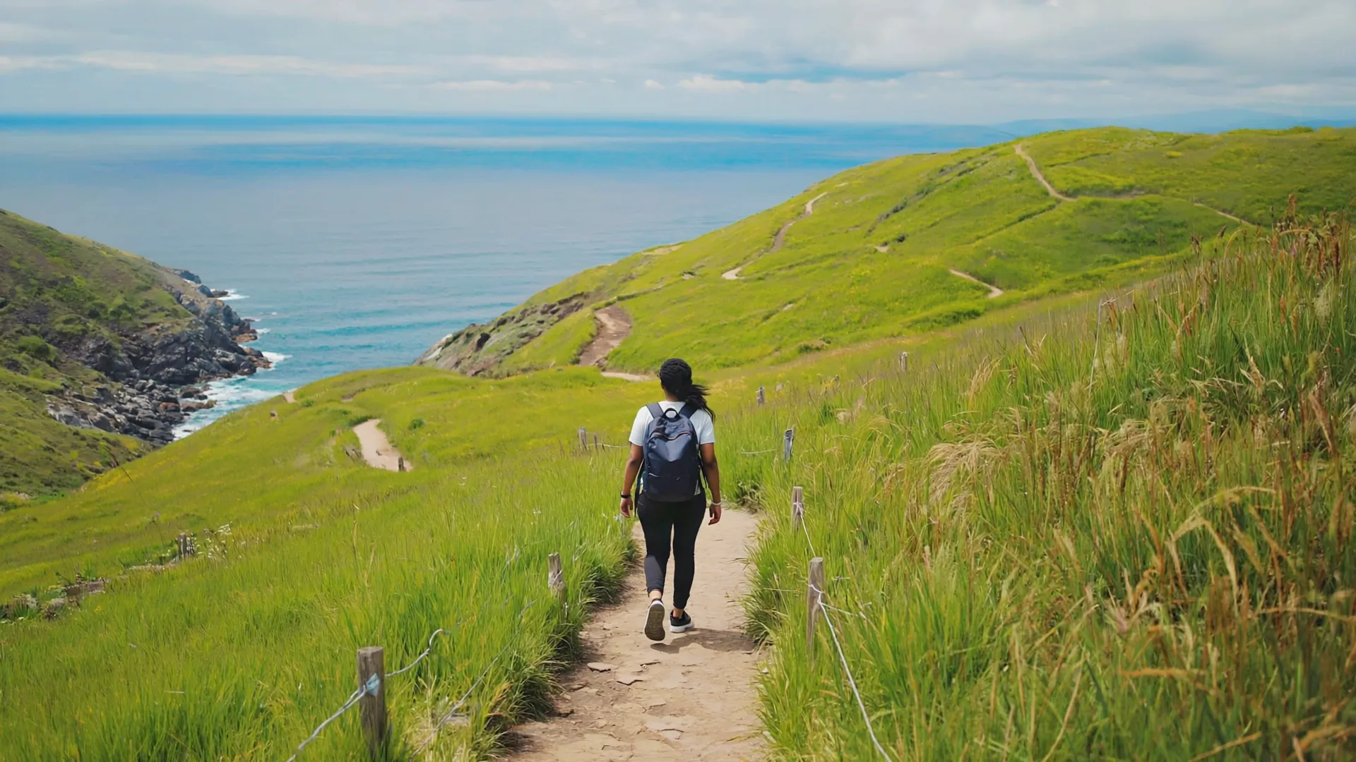 A person walking briskly along a green coastal path in soft Irish daylight, seen from behind, sea and hills in the distance