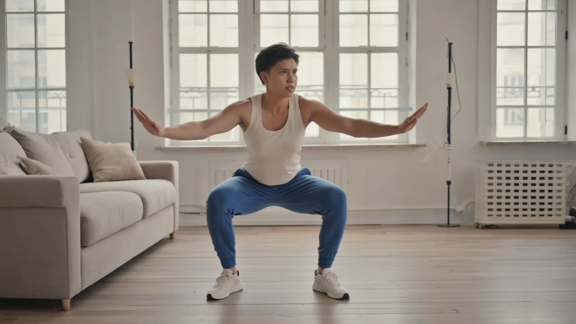 A person in their forties doing a simple bodyweight squat in a bright living room at home