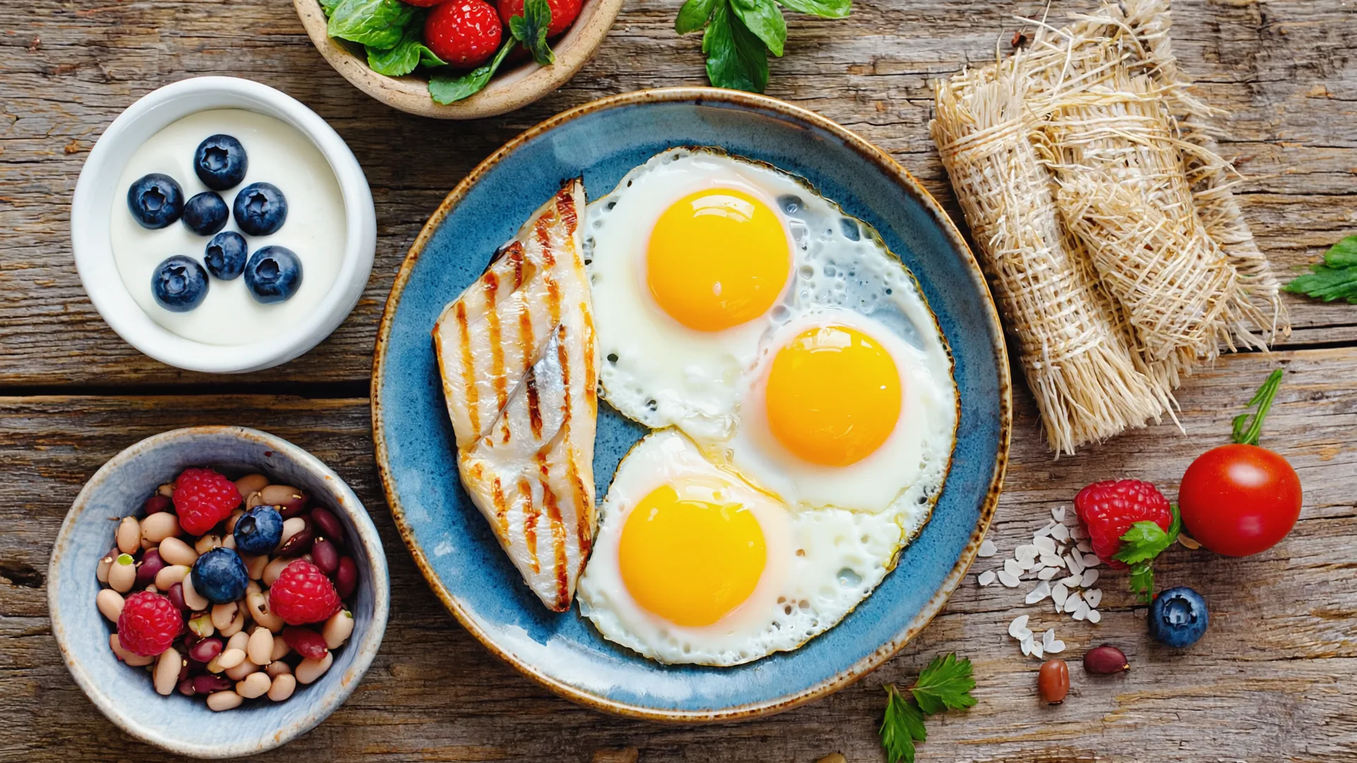 A colourful high-protein meal with eggs, fish, Greek yogurt and legumes on a kitchen table in natural light