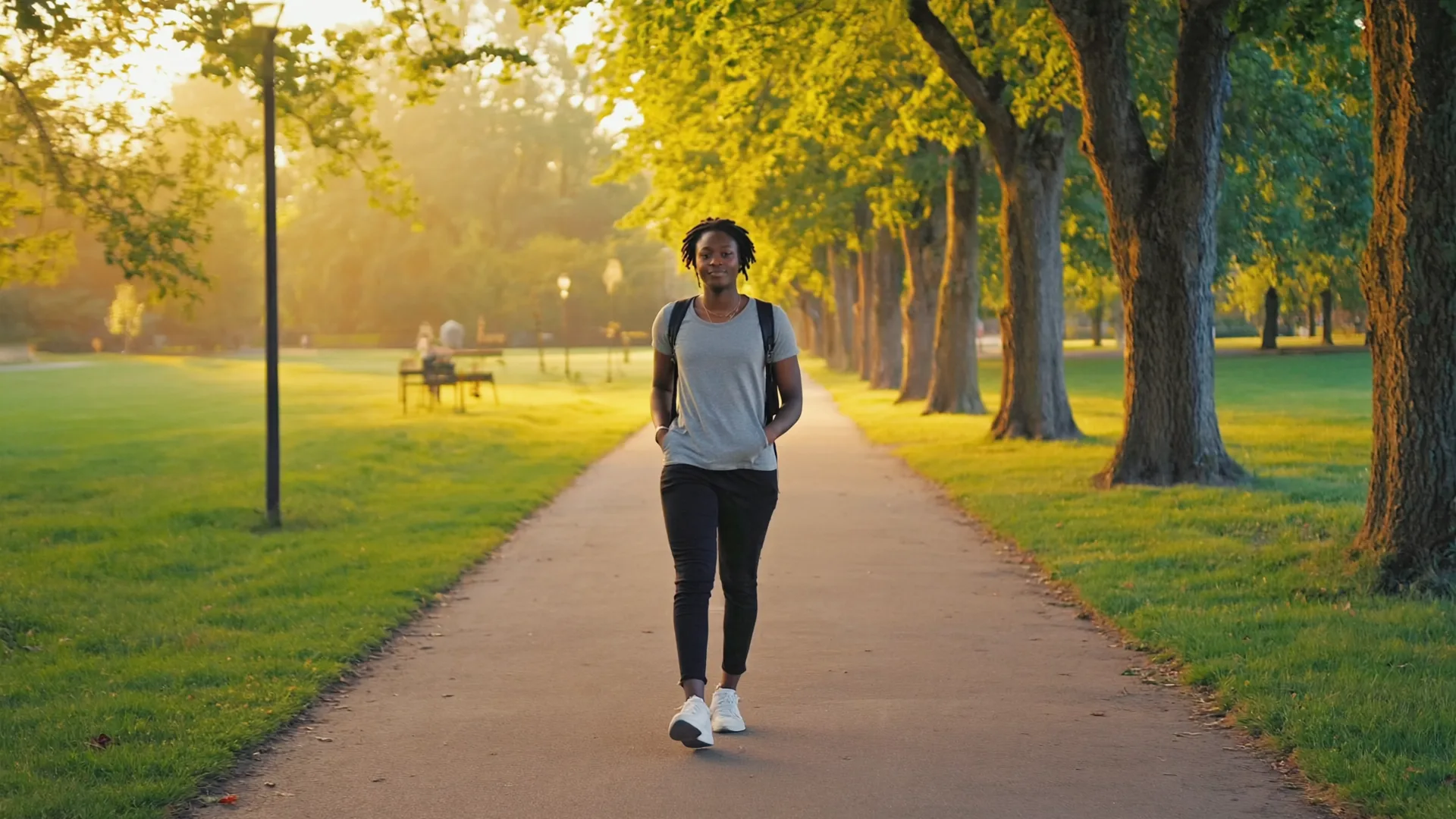 A person walking briskly along a green Irish park path in warm golden-hour light after a meal