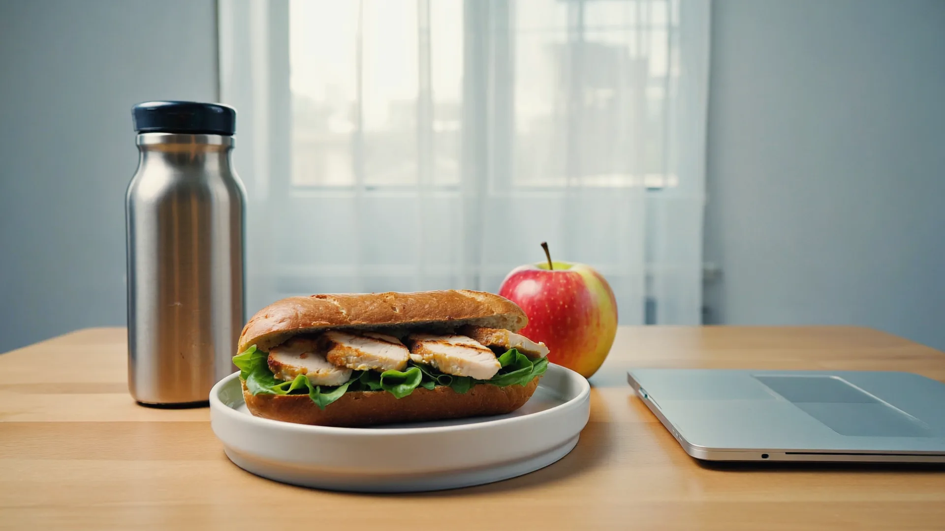 An office desk at lunchtime with a chicken salad roll on brown bread, an apple and a water bottle beside a closed laptop
