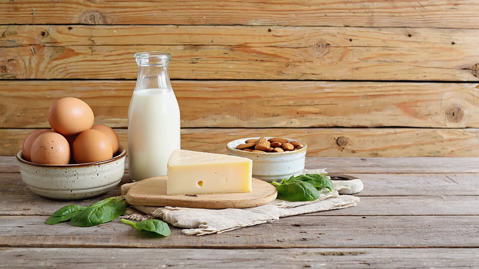 A rustic wooden table with a bowl of eggs, a glass bottle of milk, a block of cheese, almonds and fresh spinach
