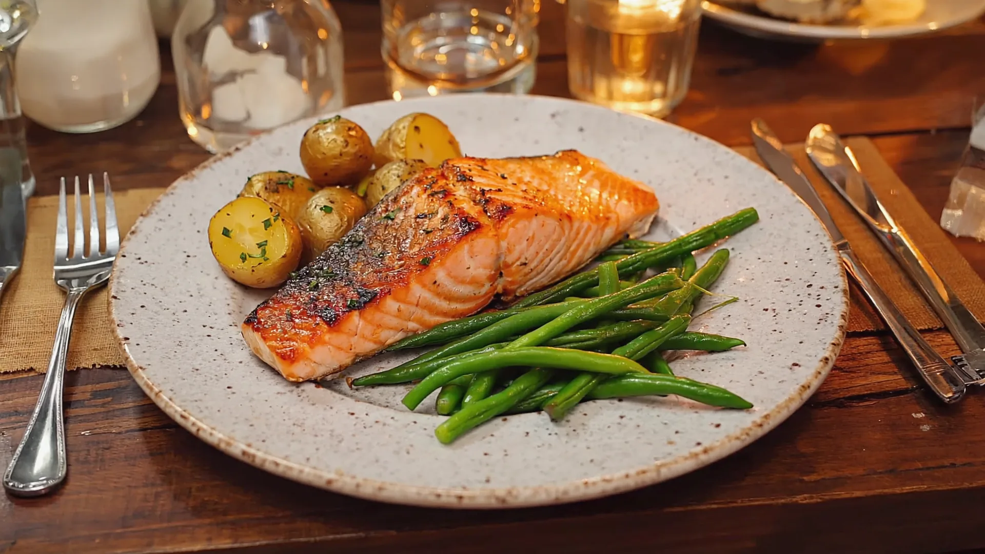 A dinner plate with a salmon fillet, baby potatoes and green vegetables on a family table in warm evening light