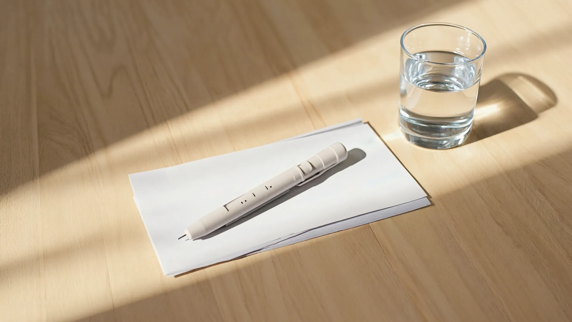 Licensed medicines come with a leaflet that spells out how they are meant to be used A single clear medicine pen resting on a folded paper leaflet beside a glass of water