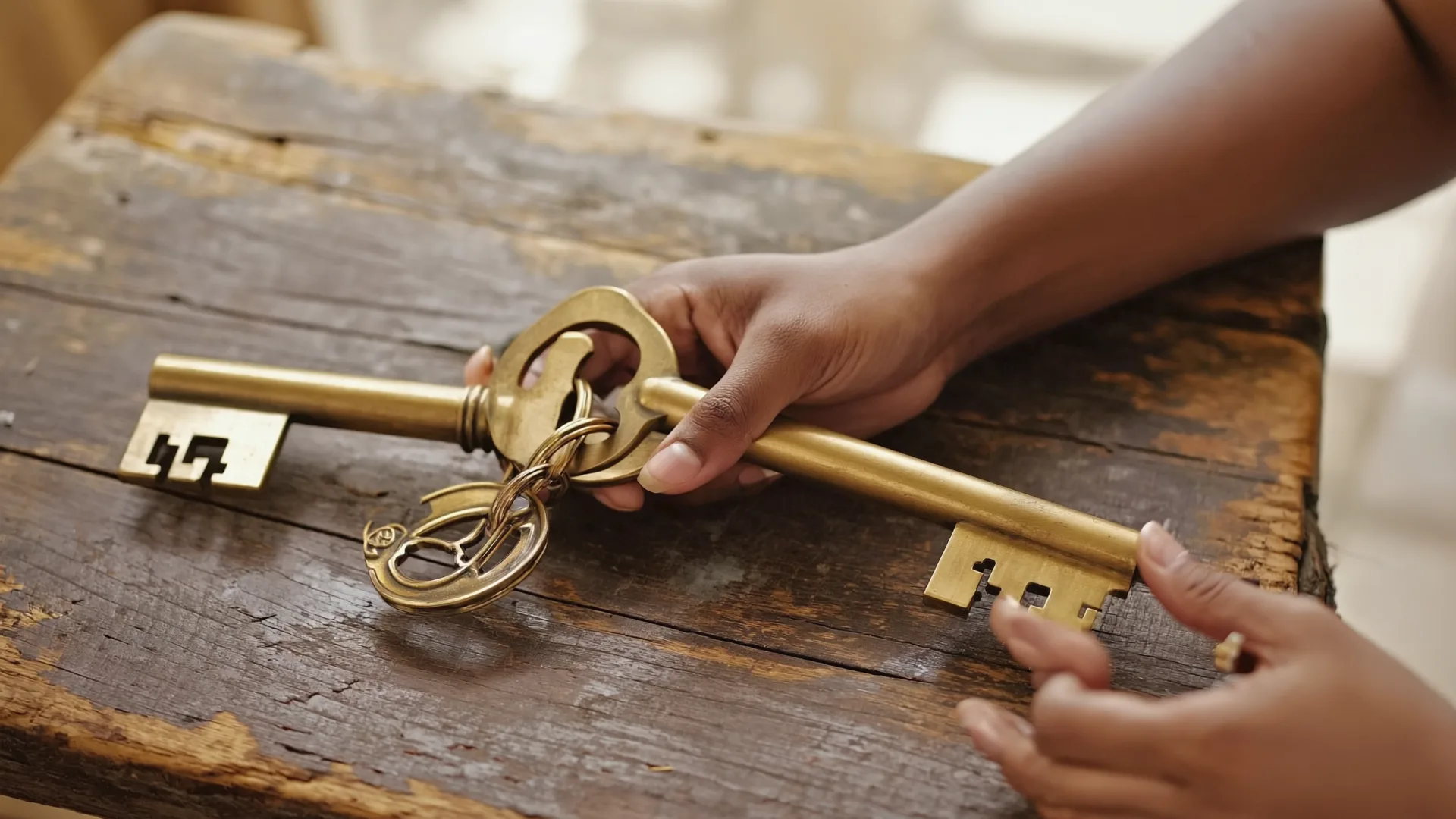 Two hormone signals, one medicine Two interlocking brass keys on a wooden table in soft light