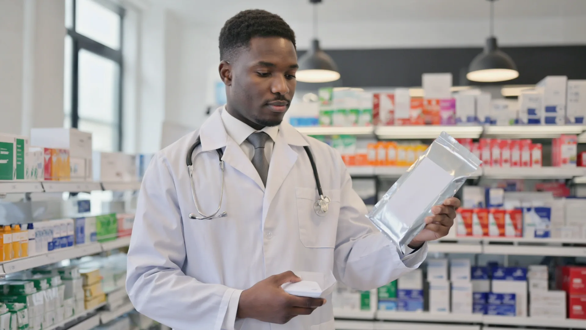 Pharmacist checking a sealed medicine package in a bright modern Irish pharmacy