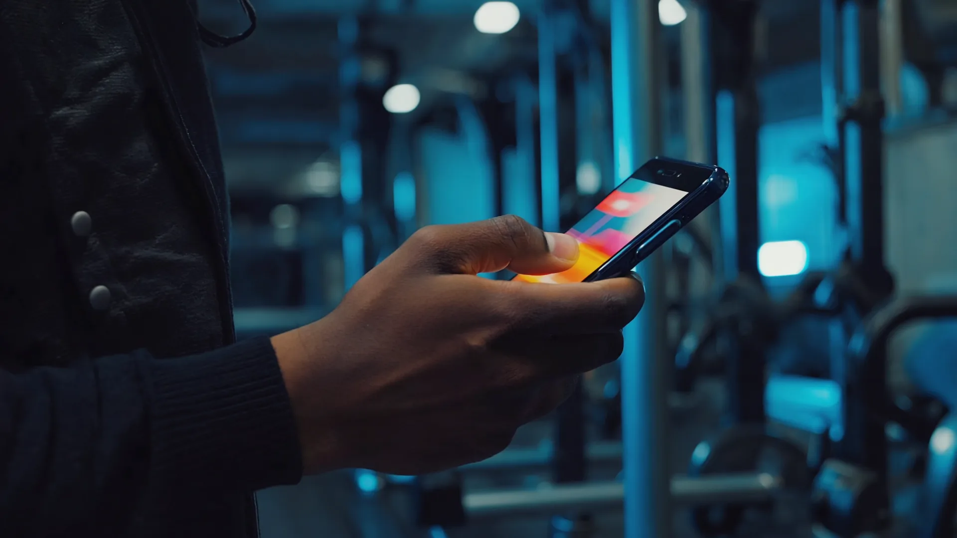 Hand holding a phone showing a blurred social media feed in a dimly lit gym