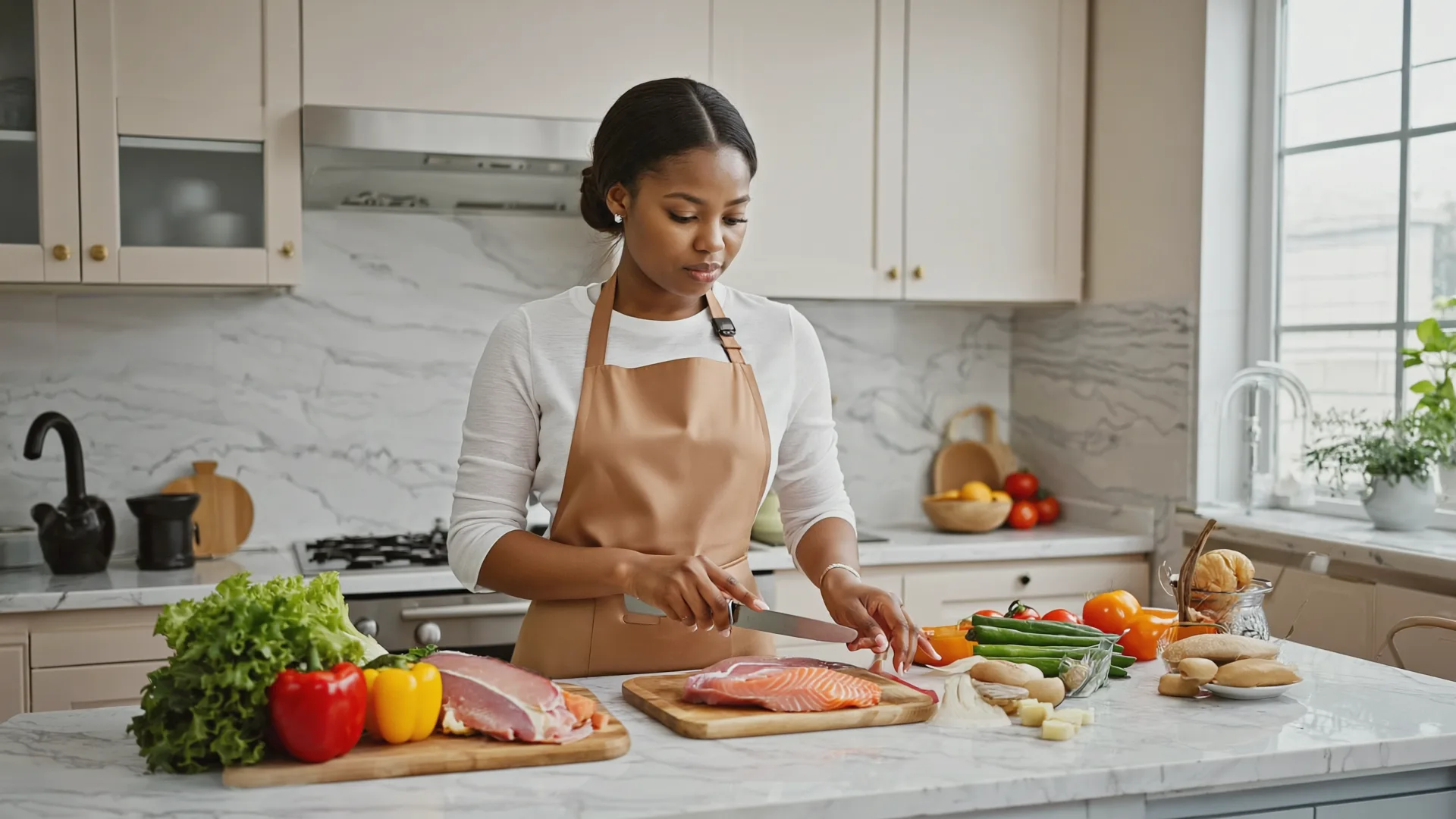 Woman preparing a balanced, mindful meal in a modern kitchen
