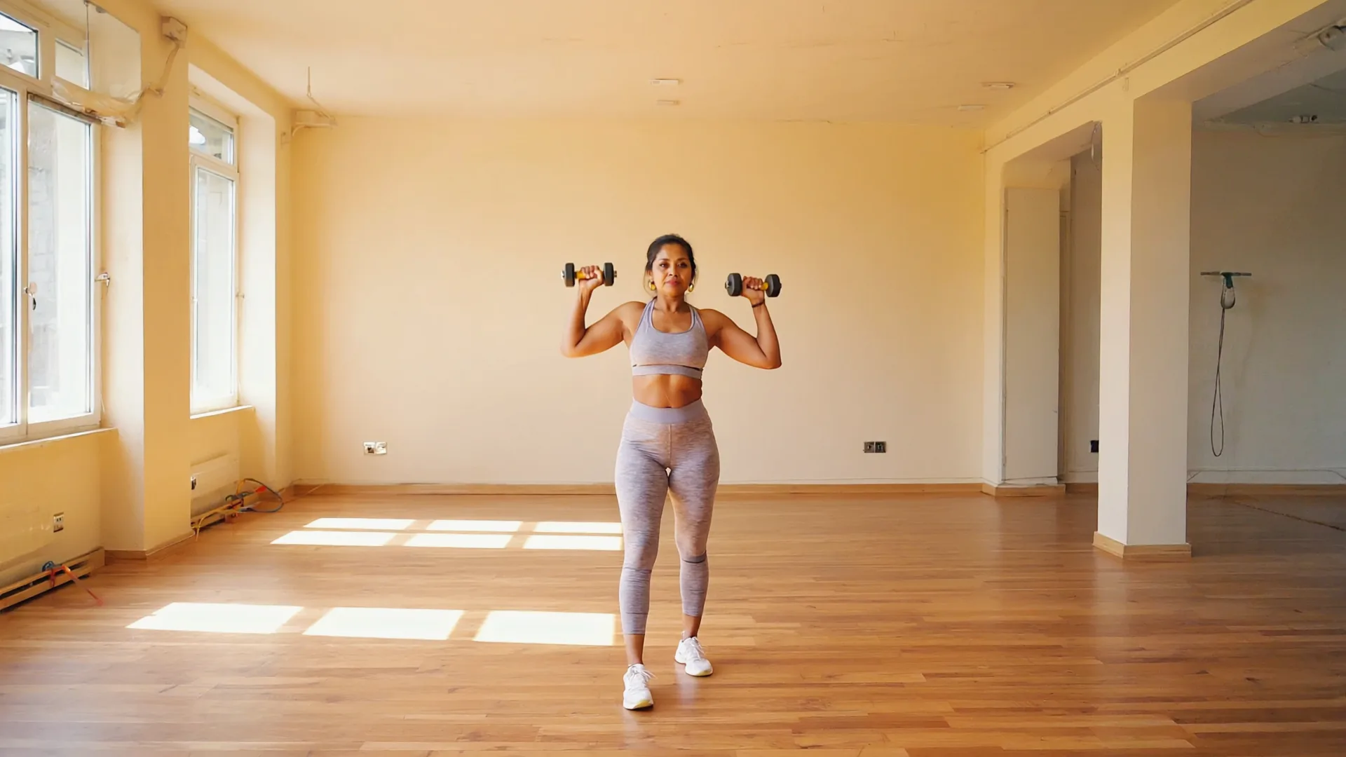 Woman doing strength training with light weights, confident and focused