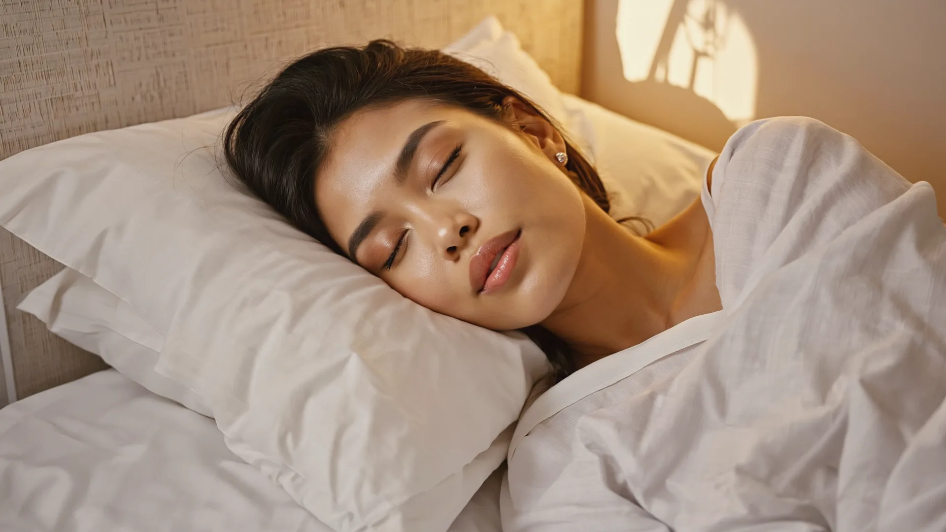 Woman sleeping peacefully in bed with soft morning light, calm and serene