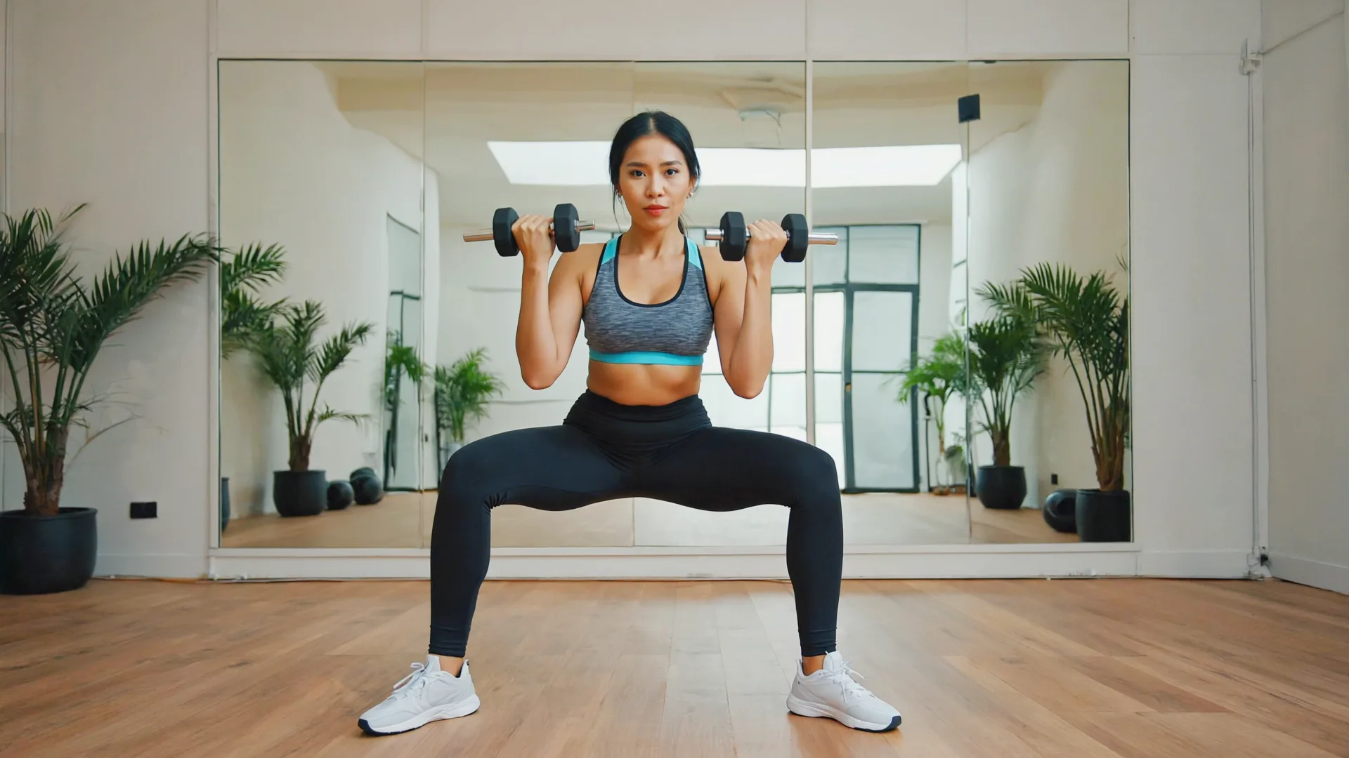 A woman performing a strength training exercise with dumbbells in a bright, modern home gym setting, focused and determined.