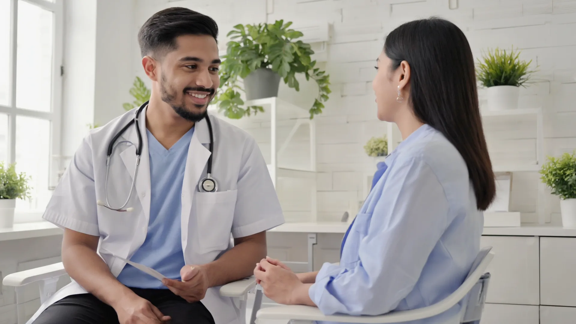 A calm, professional consultation between a clinician and a patient in a bright modern clinic room