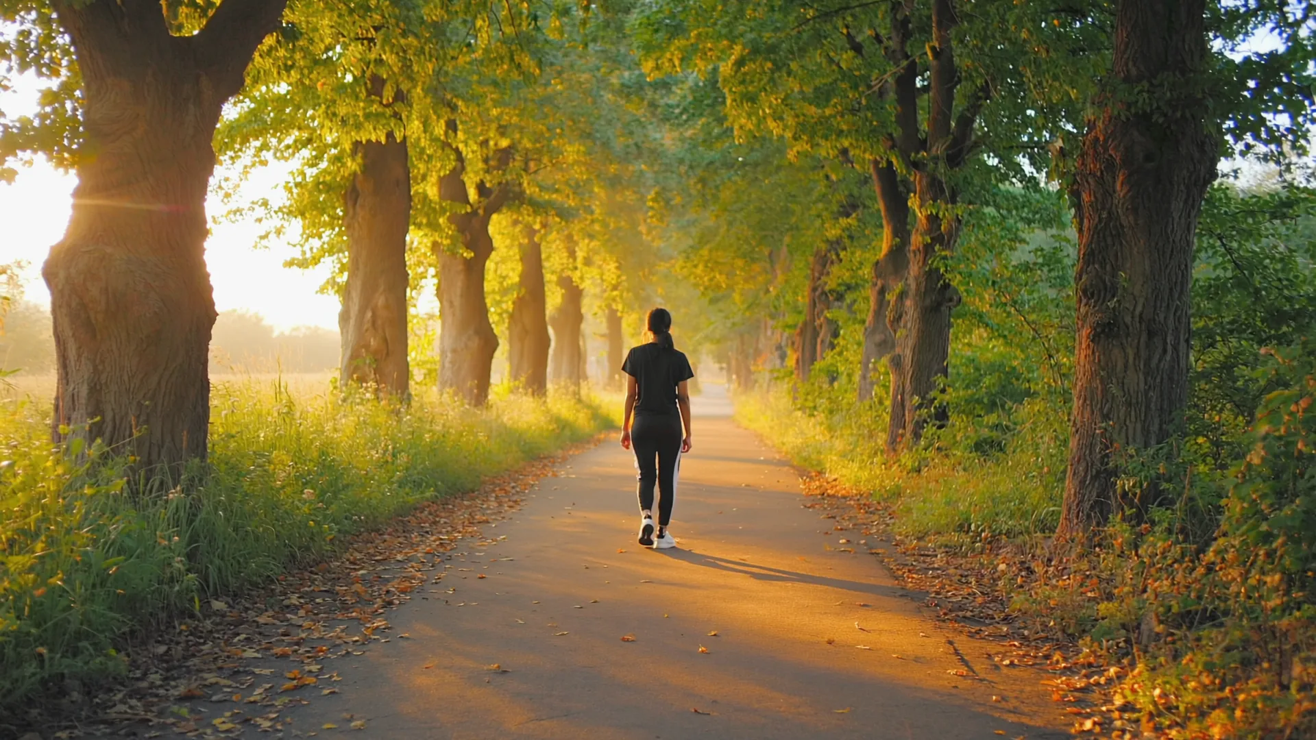 A person enjoying a healthy outdoor walk in soft daylight, relaxed and active