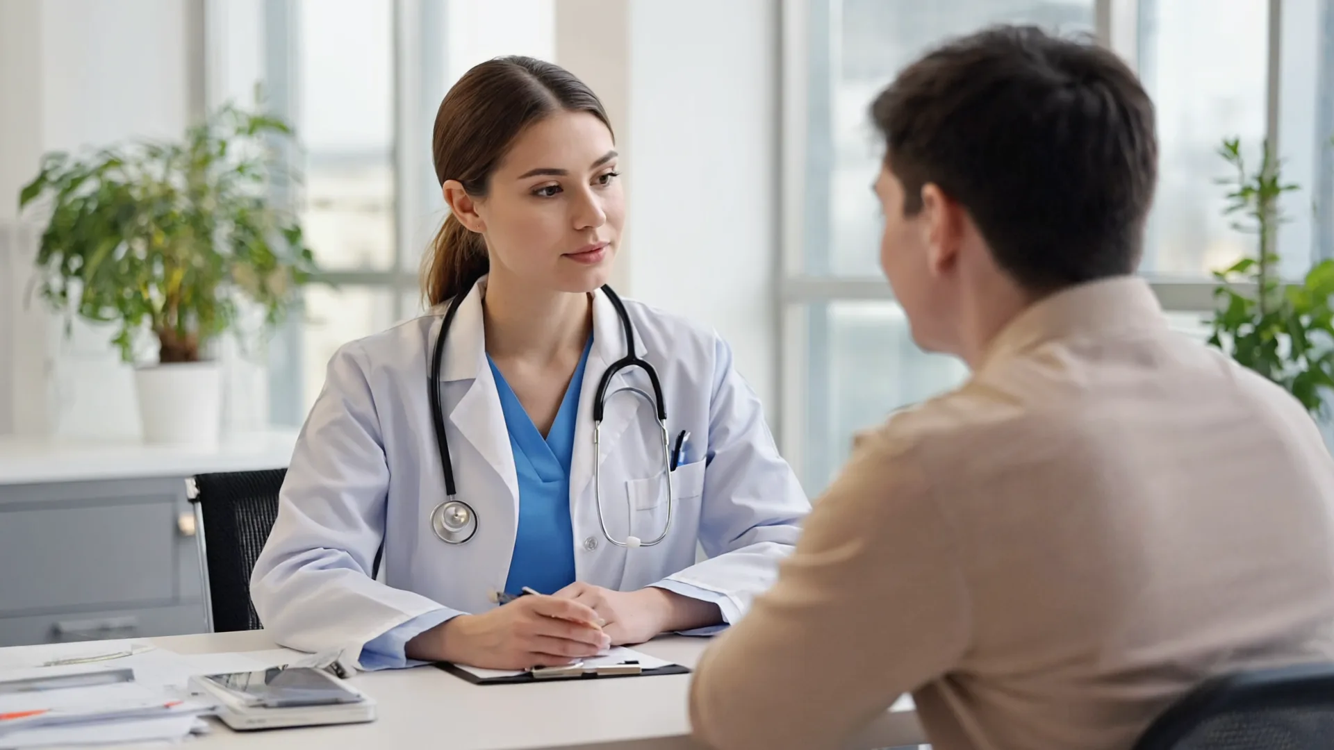 Irish doctor discussing safe Mounjaro dosing and weight loss treatment with a patient in a clinic Irish doctor discussing safe Mounjaro dosing and weight loss treatment with a patient in a clinic