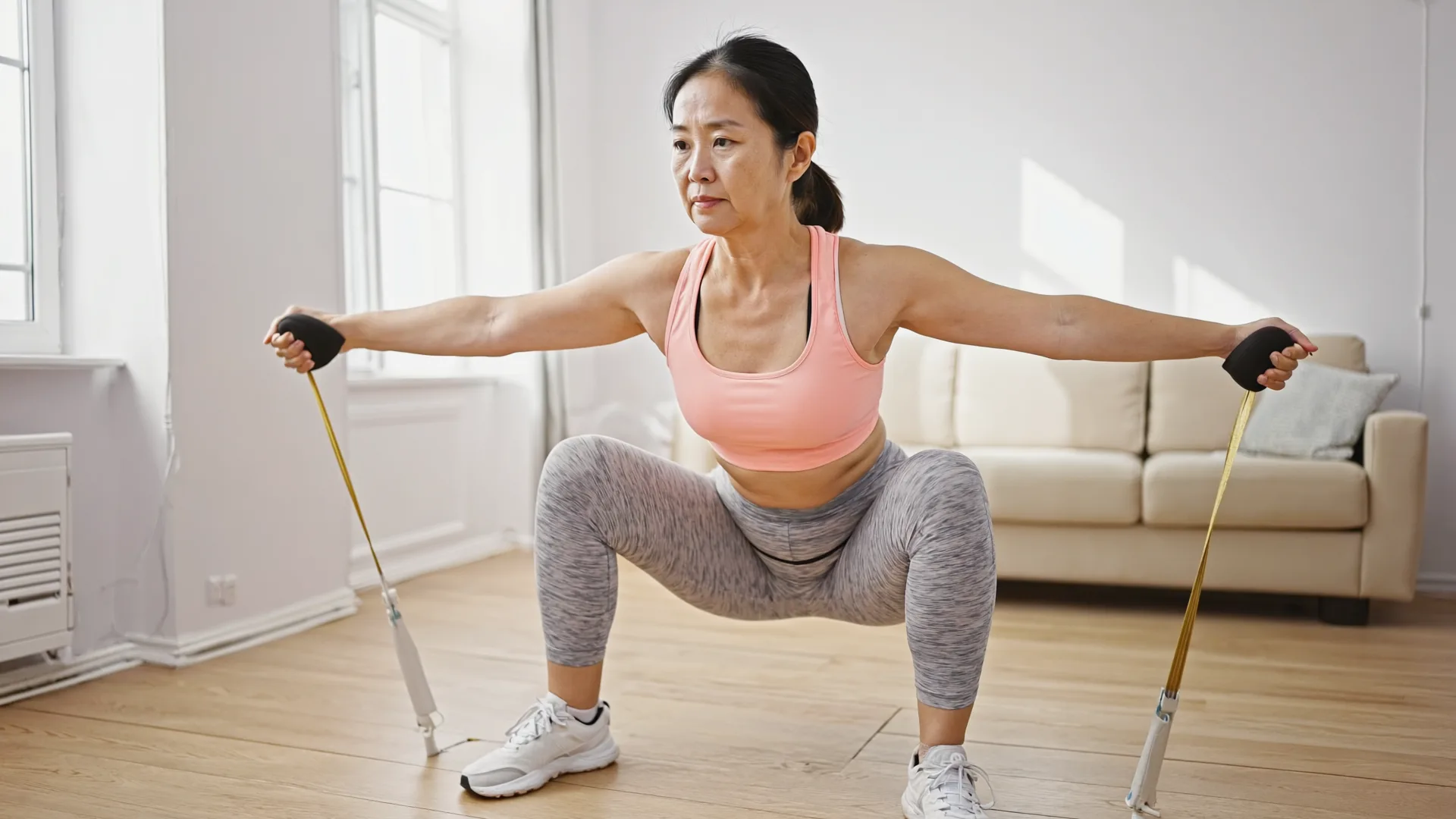 A woman in her fifties doing a resistance-band exercise in a bright living room, focused and steady