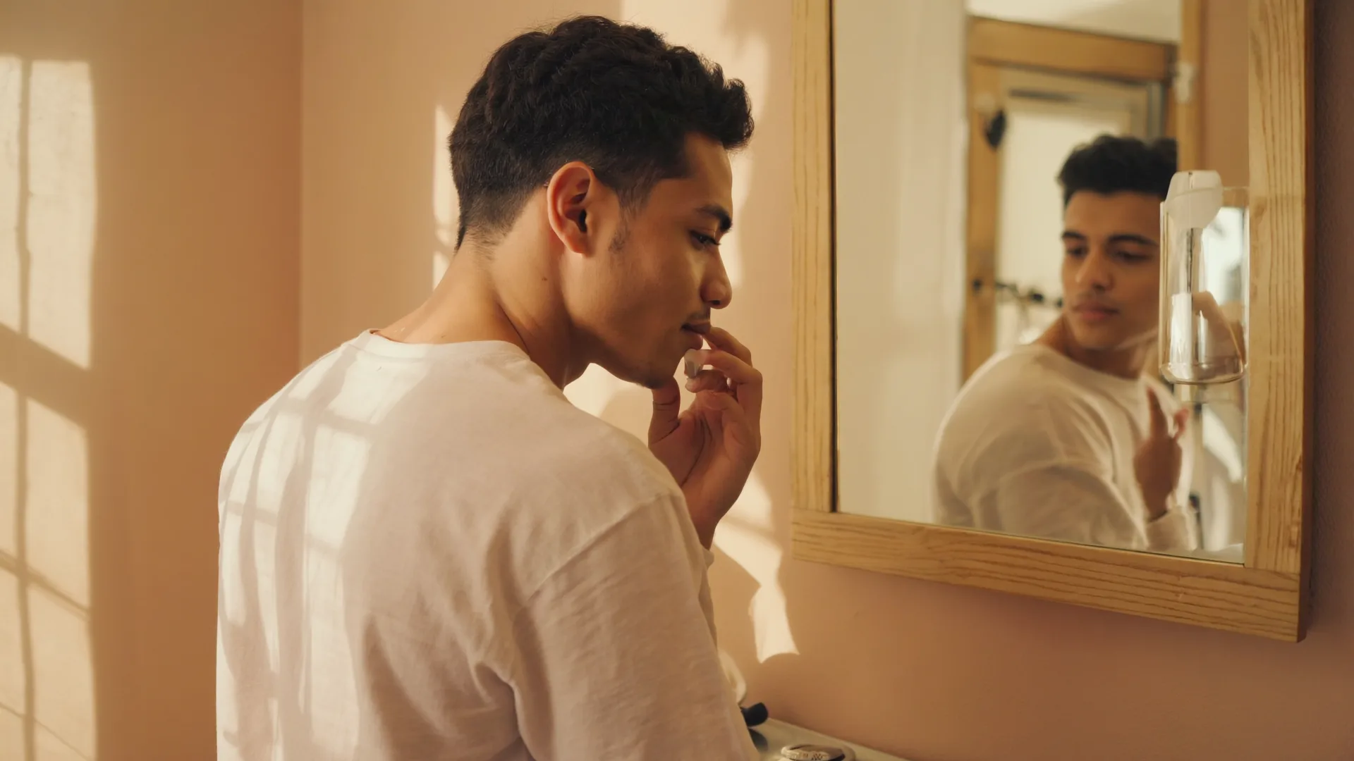 A man looking into a bathroom mirror in soft morning light, applying moisturiser, relaxed expression