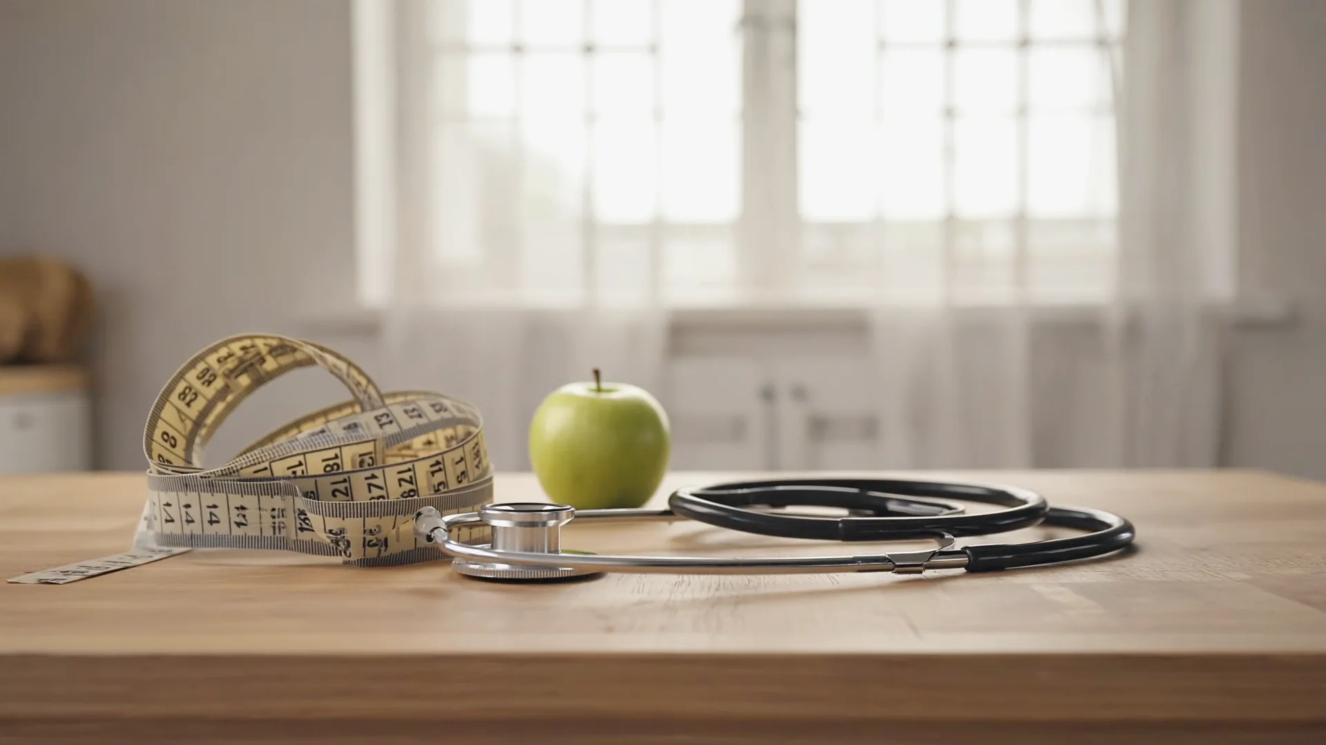 A fabric measuring tape loosely coiled on a wooden kitchen table beside a stethoscope and a green apple
