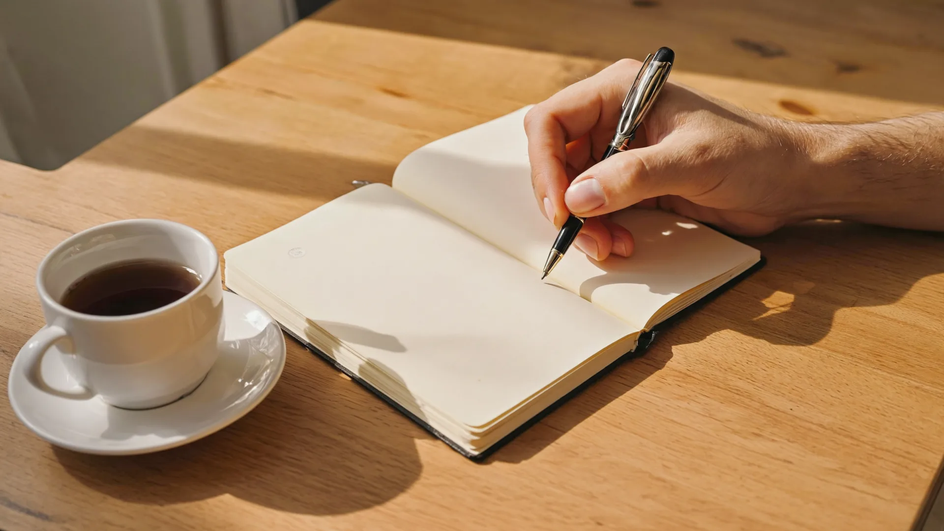 Hands writing in a plain notebook beside a cup of tea in warm natural light