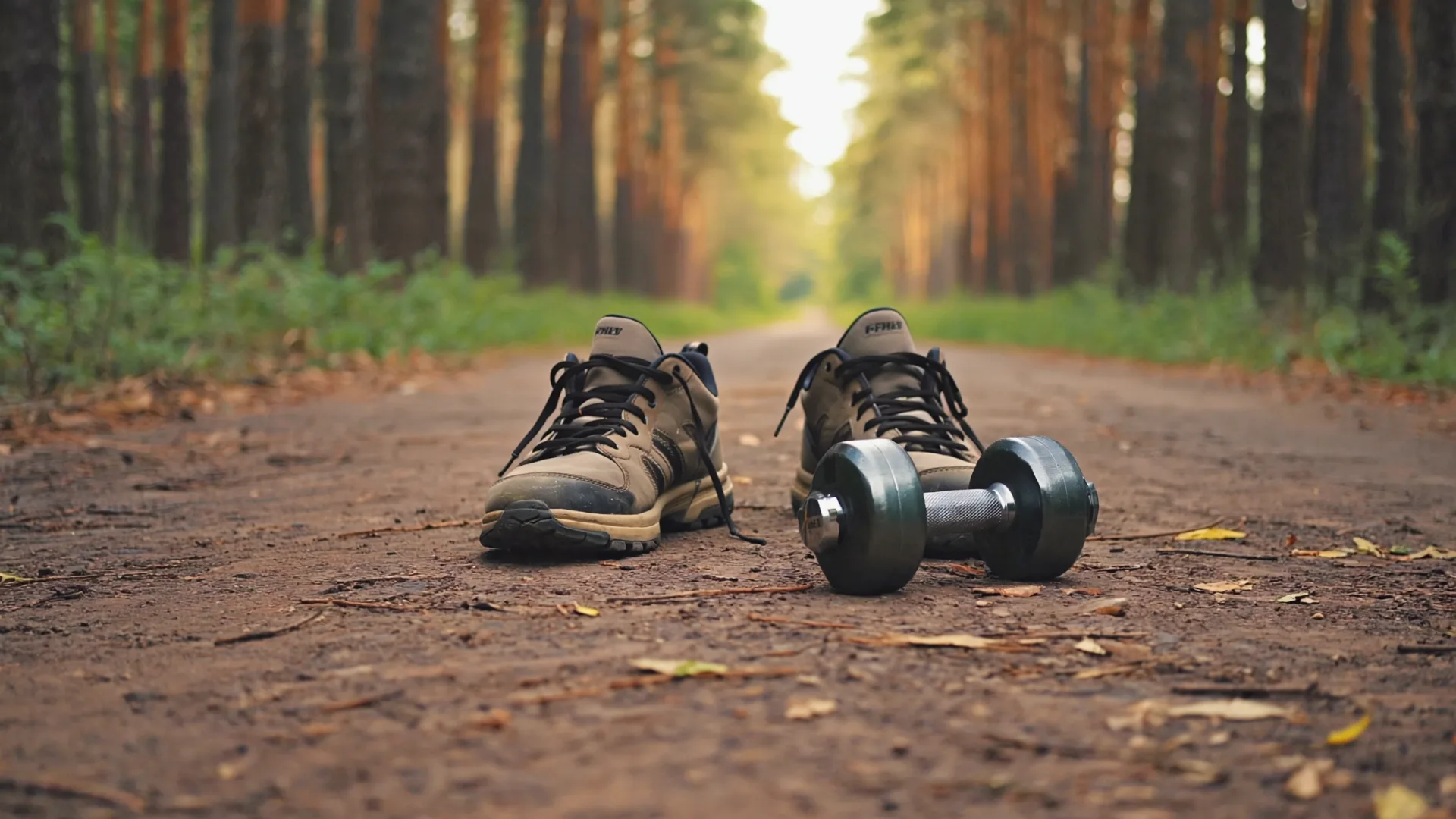Protein plus resistance movement is the evidence-based way to protect muscle while losing weight Walking shoes and a light dumbbell resting on a forest path in golden evening light