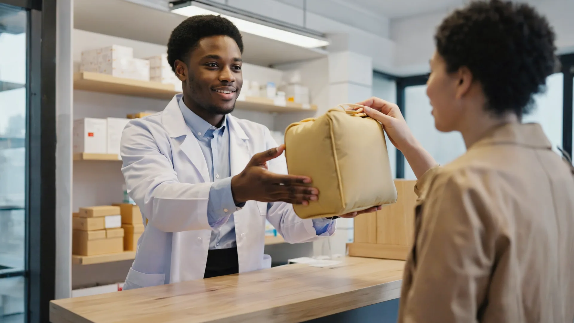 Pharmacist handing a refrigerated prescription bag to a customer at an Irish pharmacy counter Pharmacist handing a refrigerated prescription bag to a customer at an Irish pharmacy counter