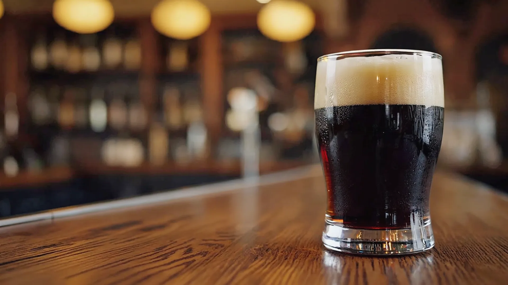 The pint, examined A freshly poured pint of Guinness resting on a dark wooden pub counter in warm light