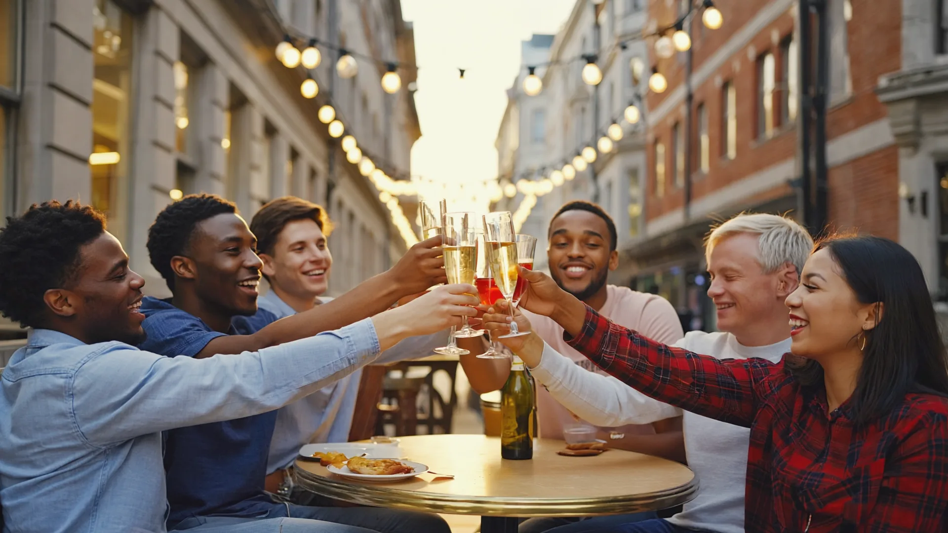 The lighter round, socially intact Friends toasting with sparkling drinks around a cafe table outdoors on a bright evening