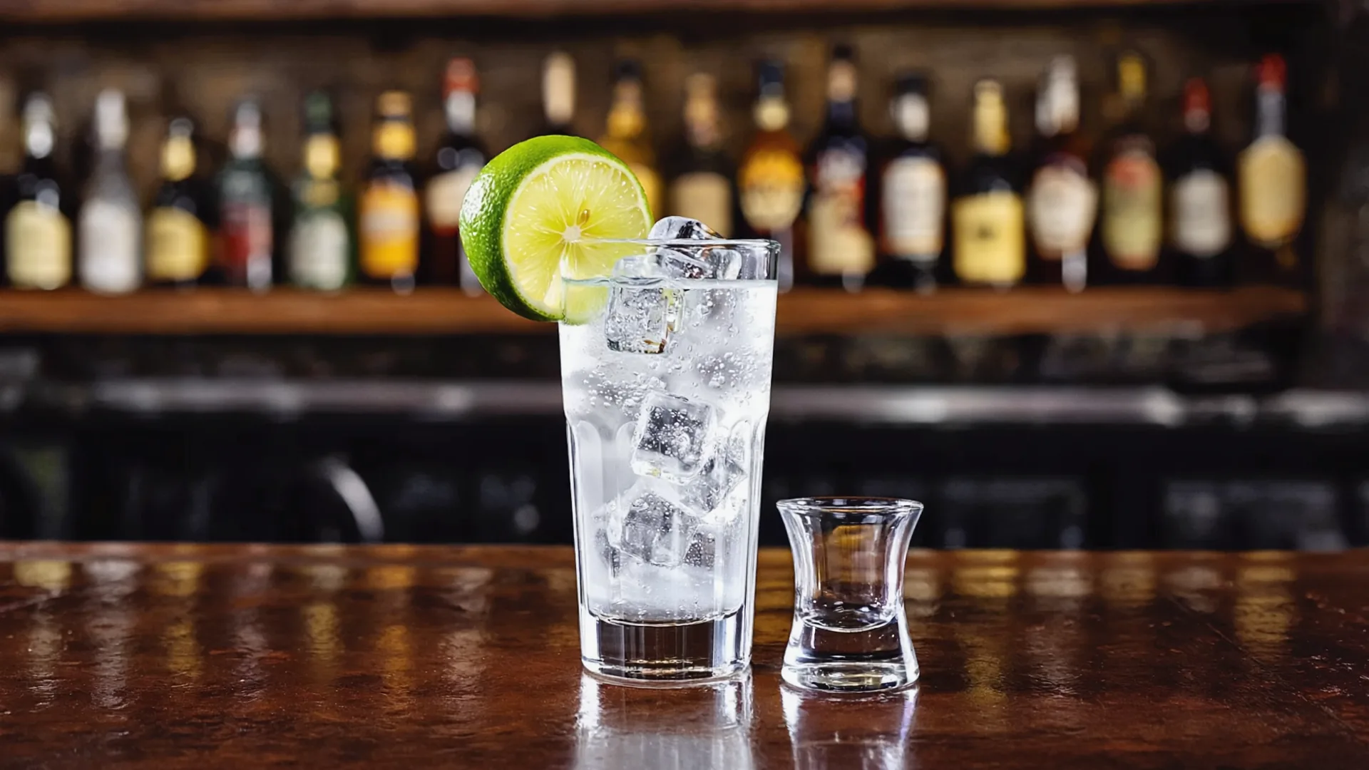 The swap that halves the round A glass of soda water with lime beside a spirit measure on a polished bar top