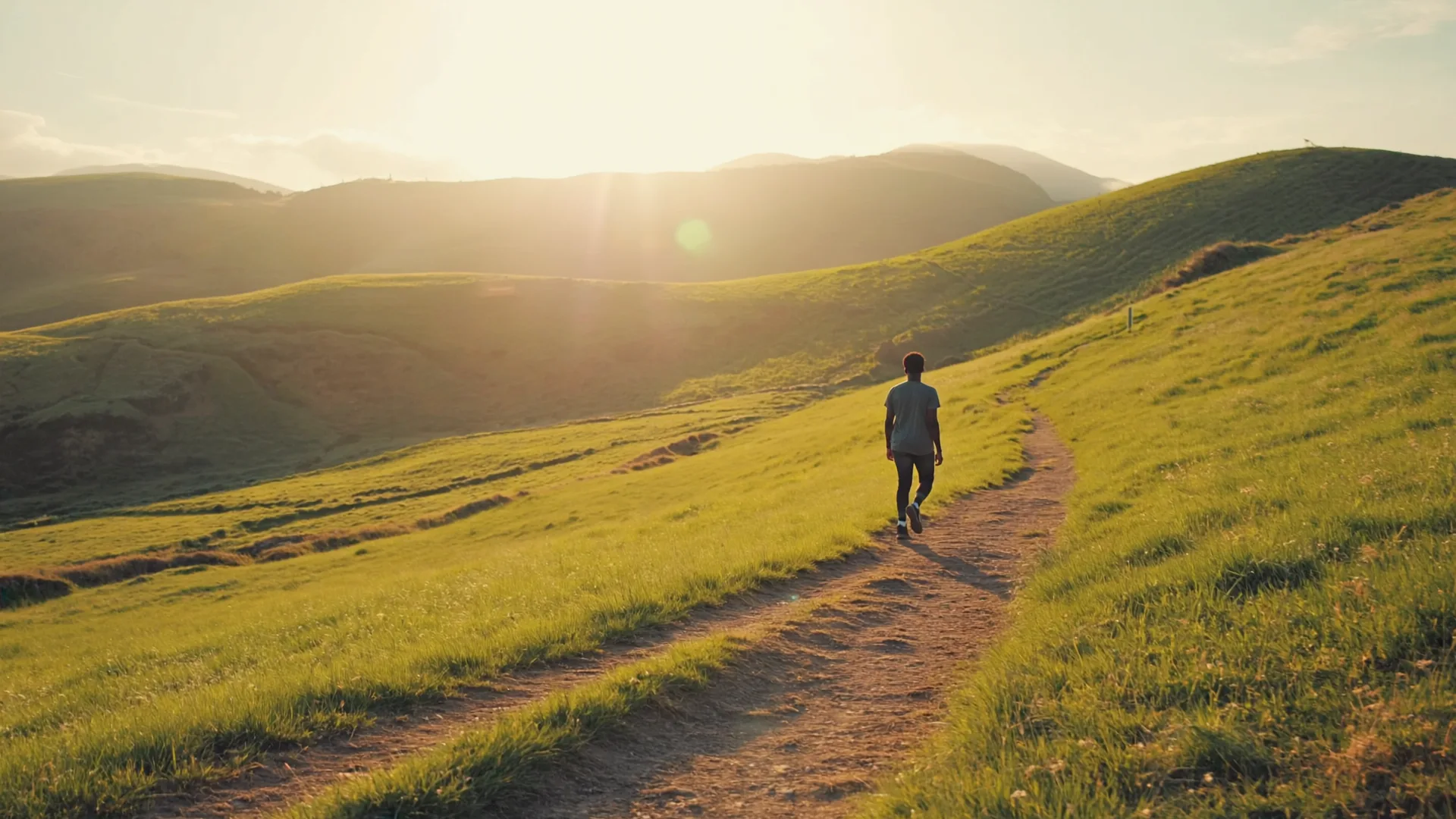 A person briskly walking up a green hill path on a bright morning, countryside softly blurred behind