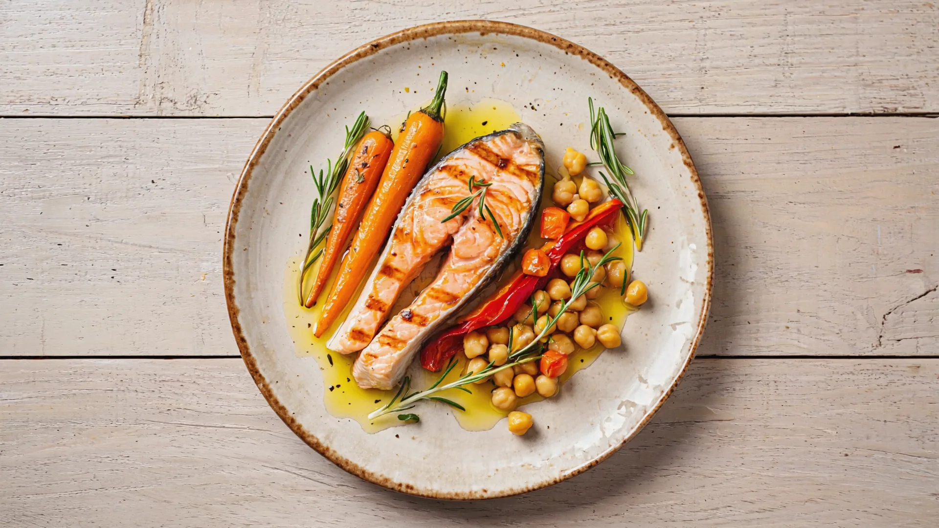 A Mediterranean-style plate of grilled salmon, roasted vegetables, chickpeas and herbs on a light wooden table