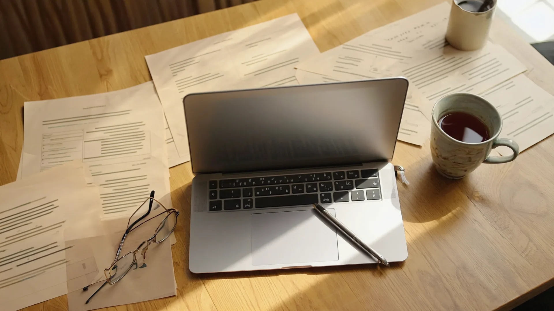 Academic papers, laptop and reading glasses on a researcher's desk in warm window light