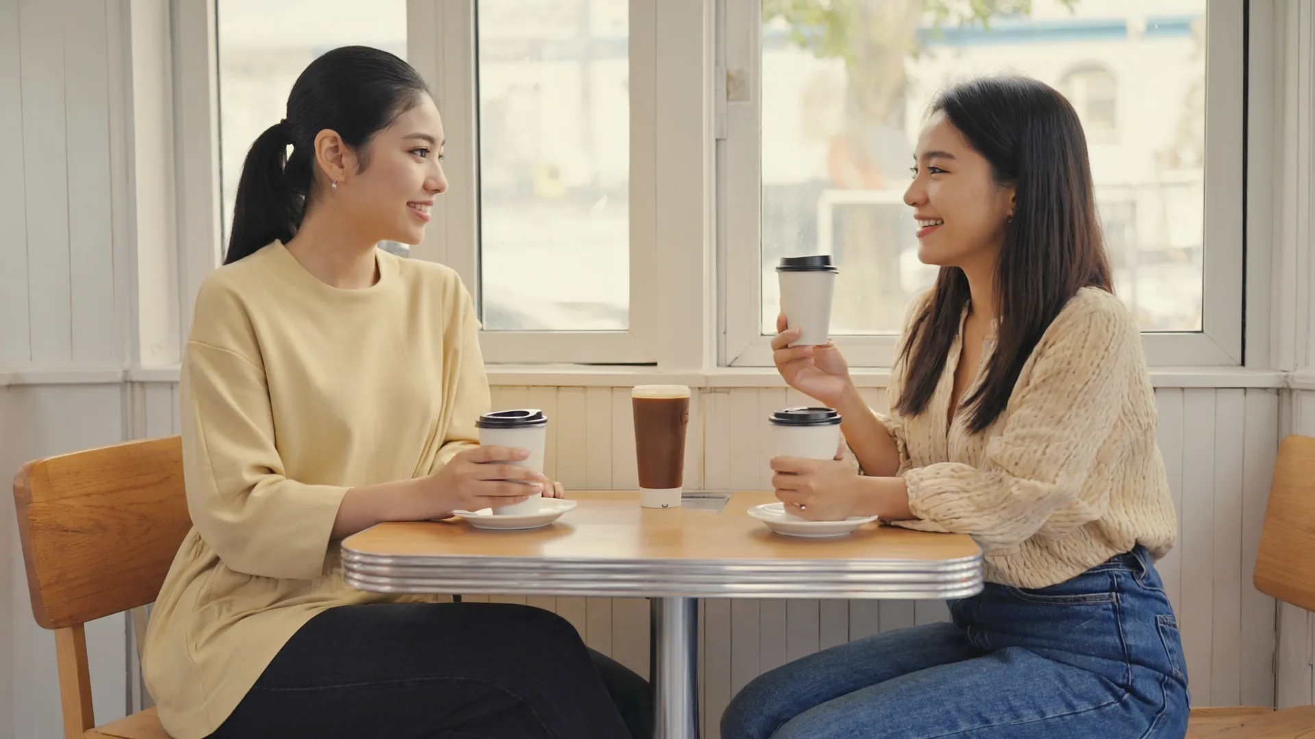Two women chatting warmly over coffee in a bright café, candid documentary style