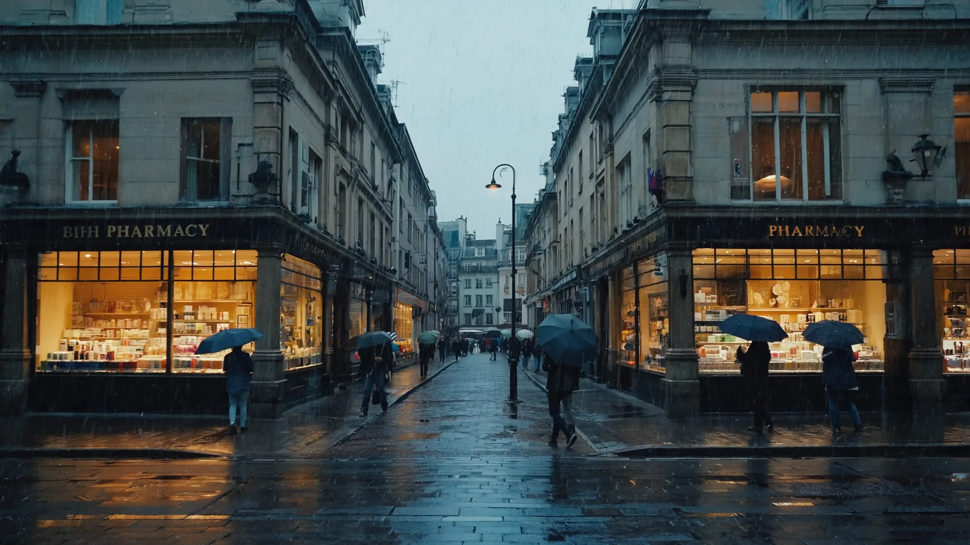A rainy evening on a town high street, pedestrians with umbrellas passing a warmly lit pharmacy shopfront