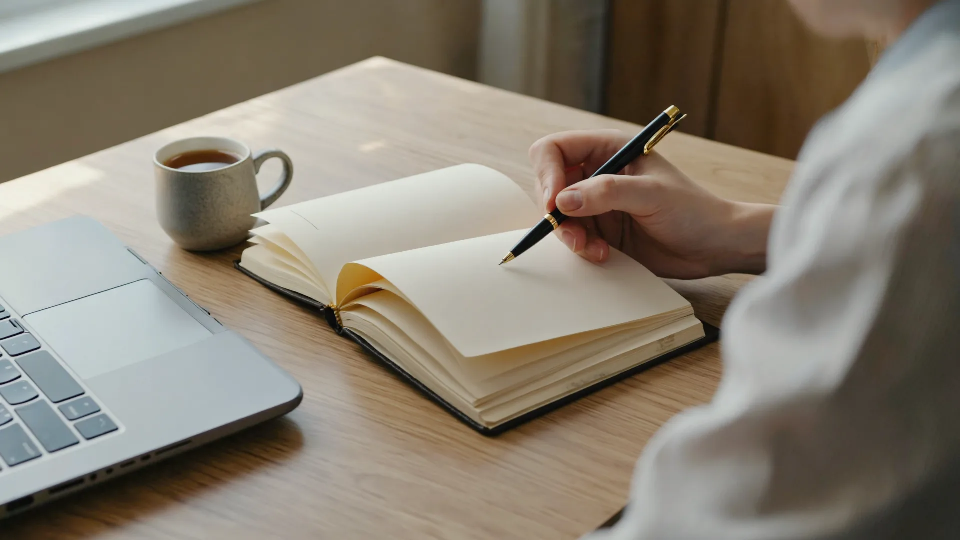 A person writing notes at a light wooden desk beside a laptop and a cup of tea