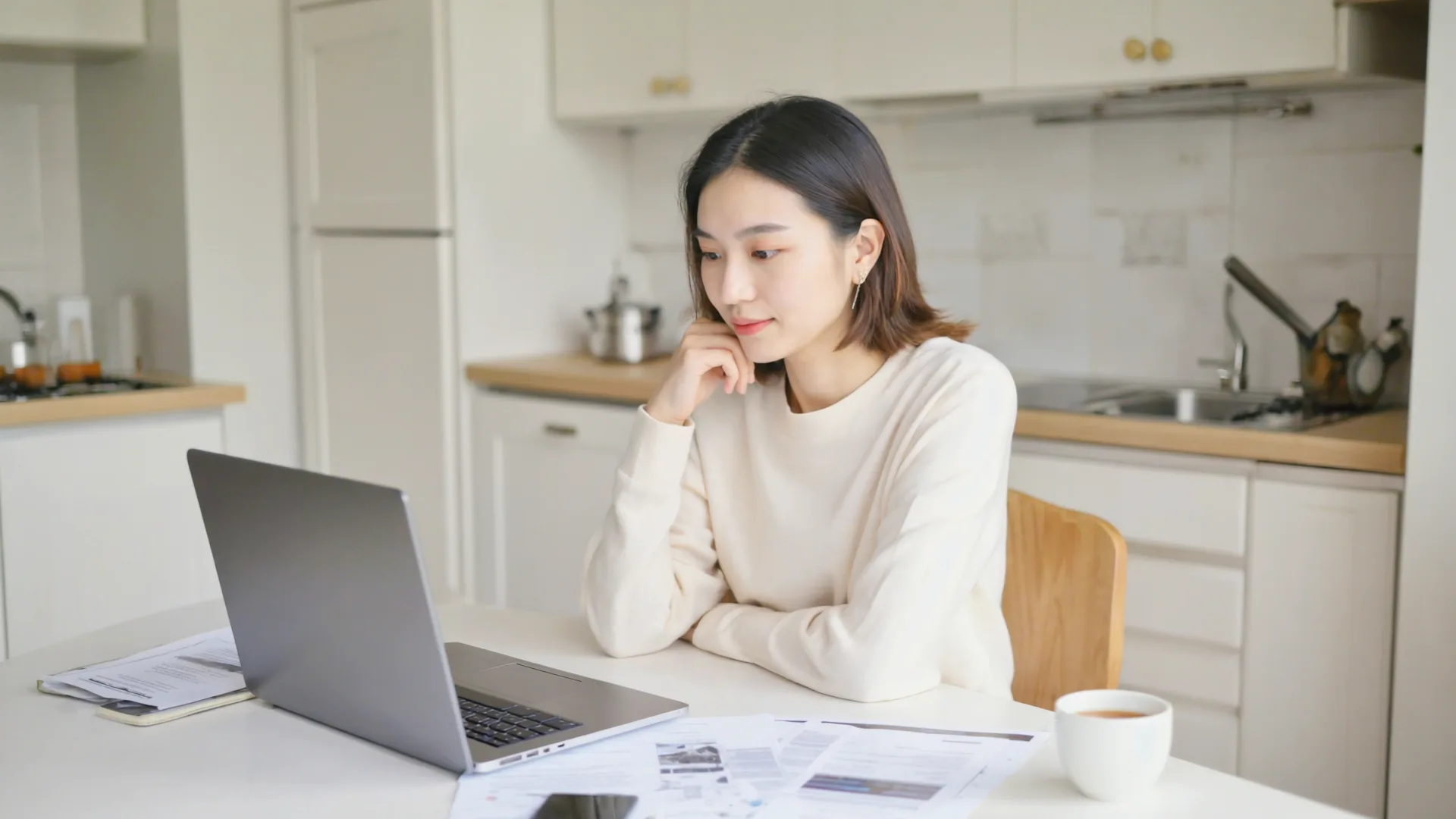 A person reviewing paperwork and a laptop at a bright kitchen table with a cup of tea A person reviewing paperwork and a laptop at a bright kitchen table with a cup of tea
