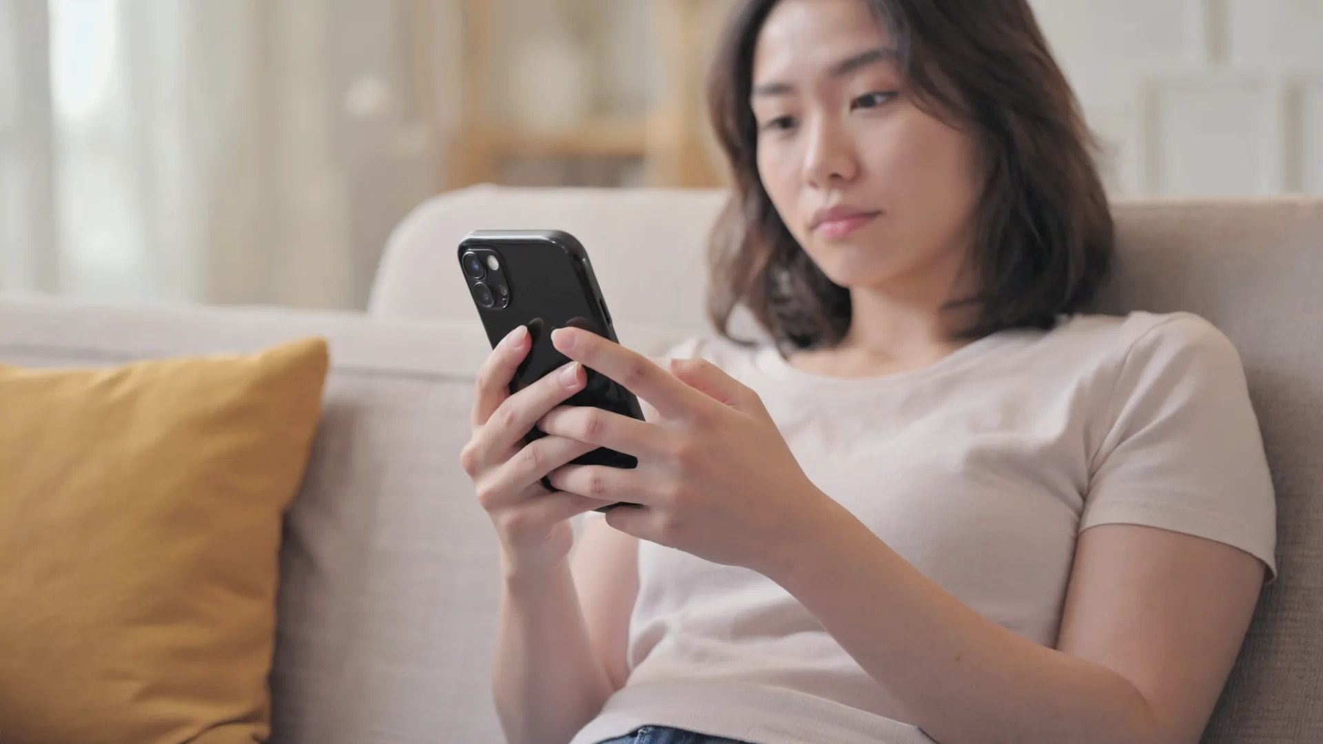 A person making an online claim on a smartphone at home, relaxed on a sofa A person making an online claim on a smartphone at home, relaxed on a sofa