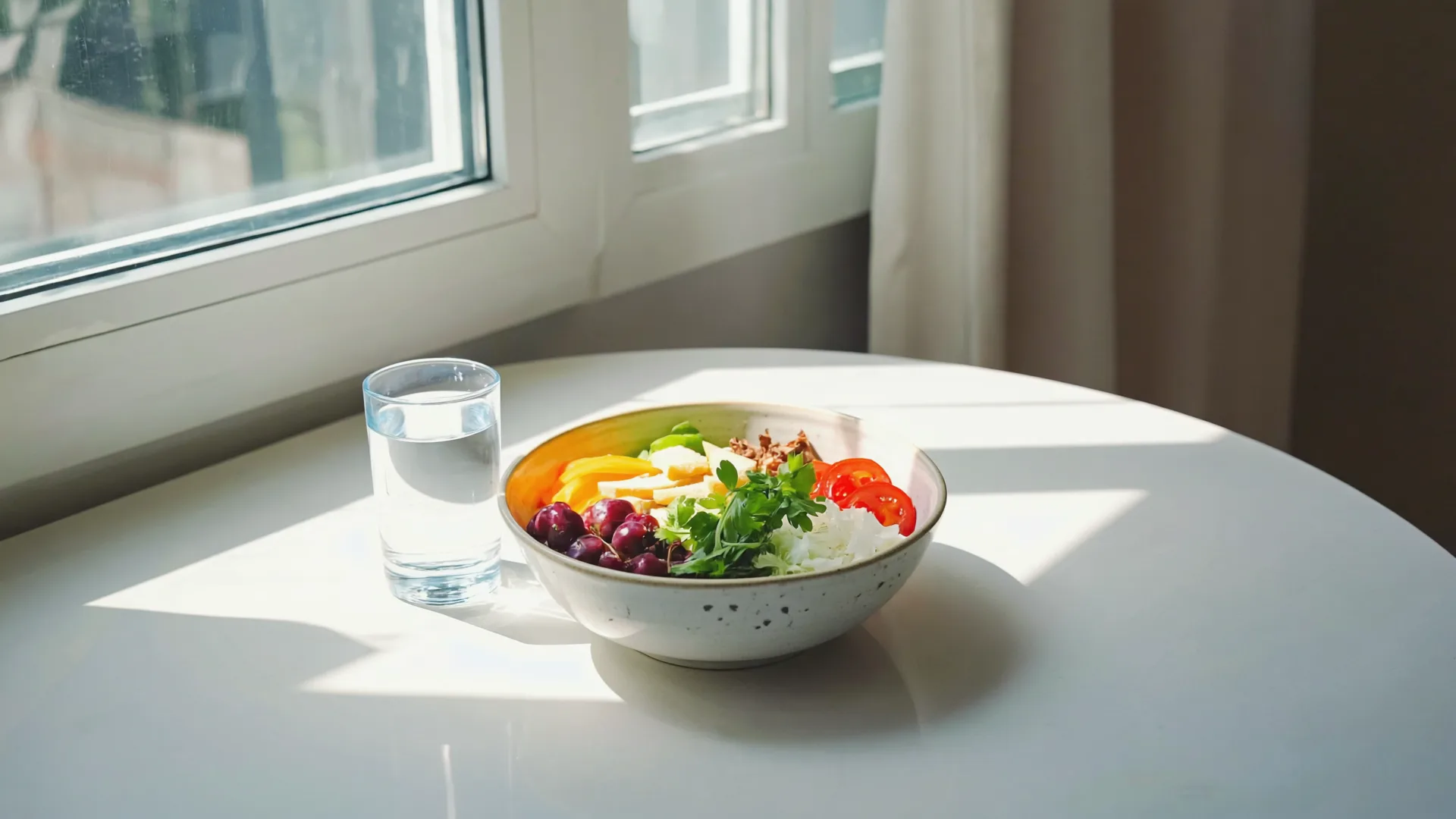 A calm, healthy breakfast and a glass of water on a bright table at home A calm, healthy breakfast and a glass of water on a bright table at home