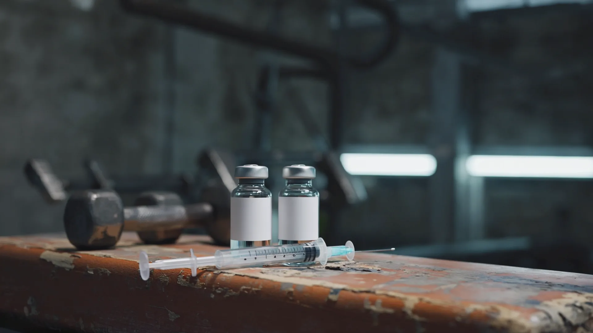 Unlabelled glass vial and syringe resting on a gym bench beside dumbbells in moody light