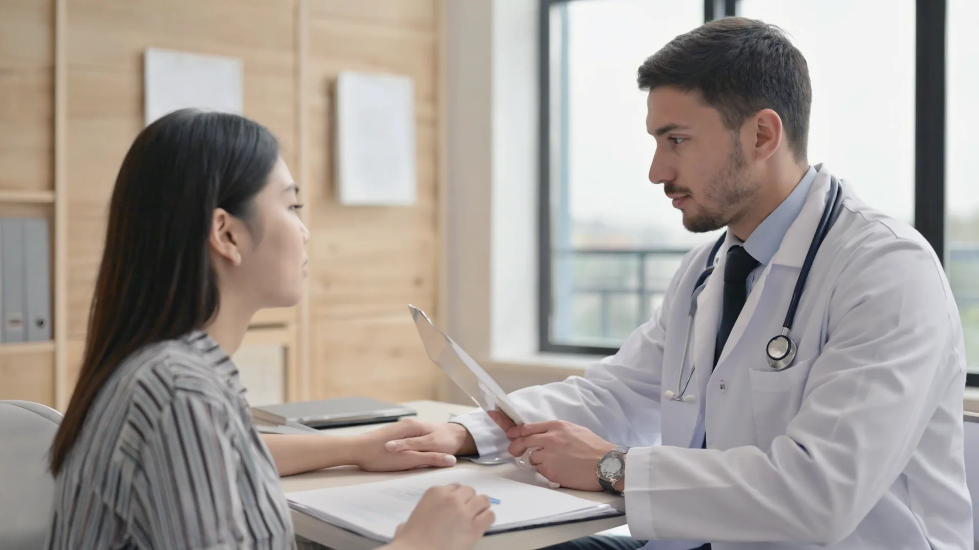 Doctor listening to a patient in a bright modern Irish consulting room