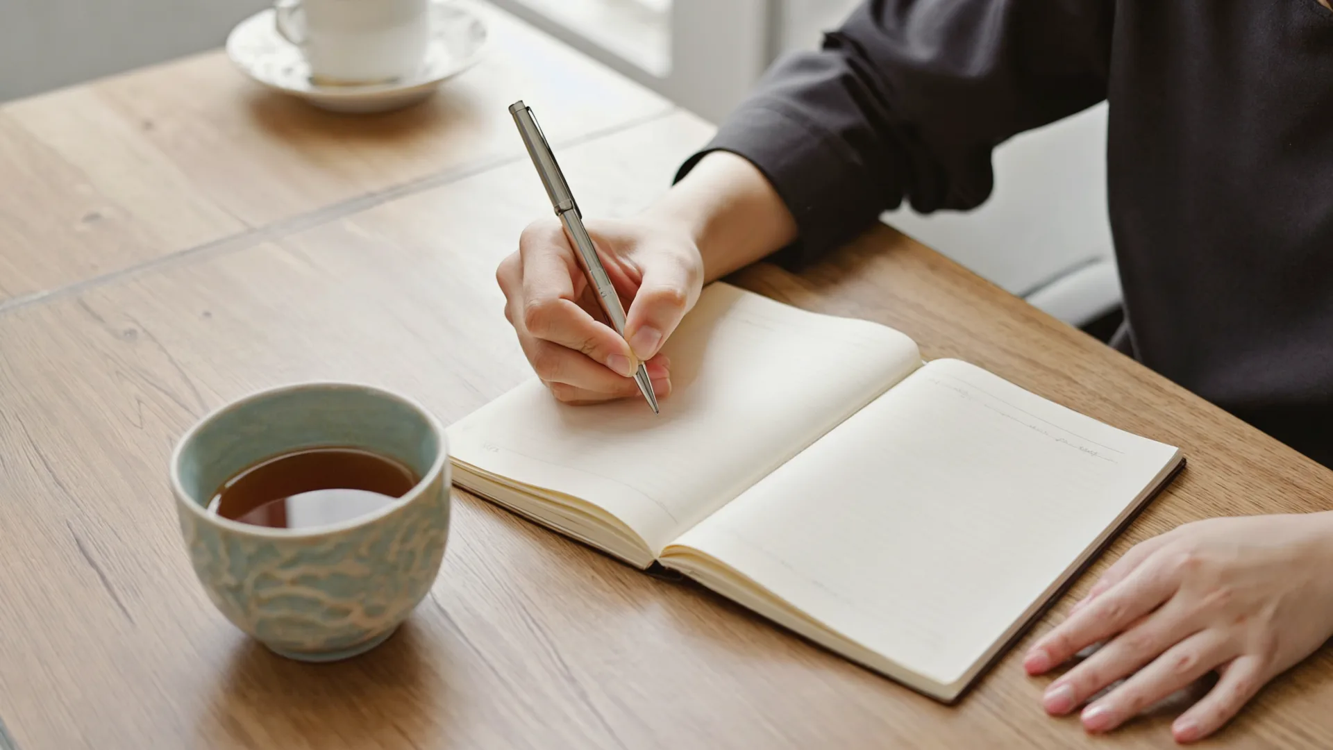 Planning the next phase is part of the treatment A person writing in a notebook at a kitchen table with a cup of tea in morning light