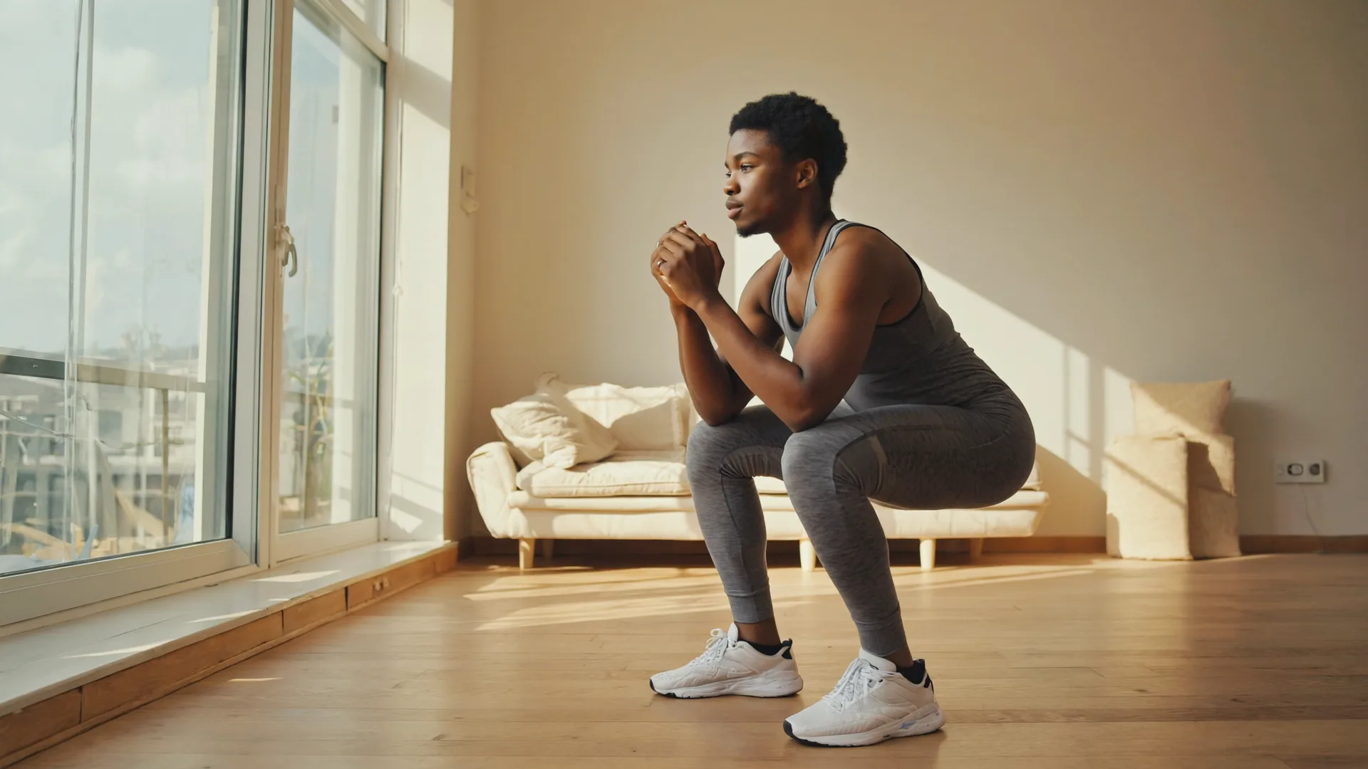 Strength training helps protect muscle A person doing a bodyweight squat in a bright living room