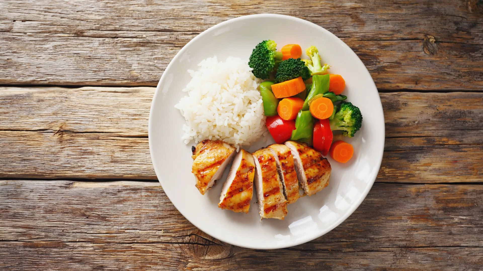 Regular balanced meals make maintenance easier A plate of grilled chicken, rice and vegetables on a wooden table