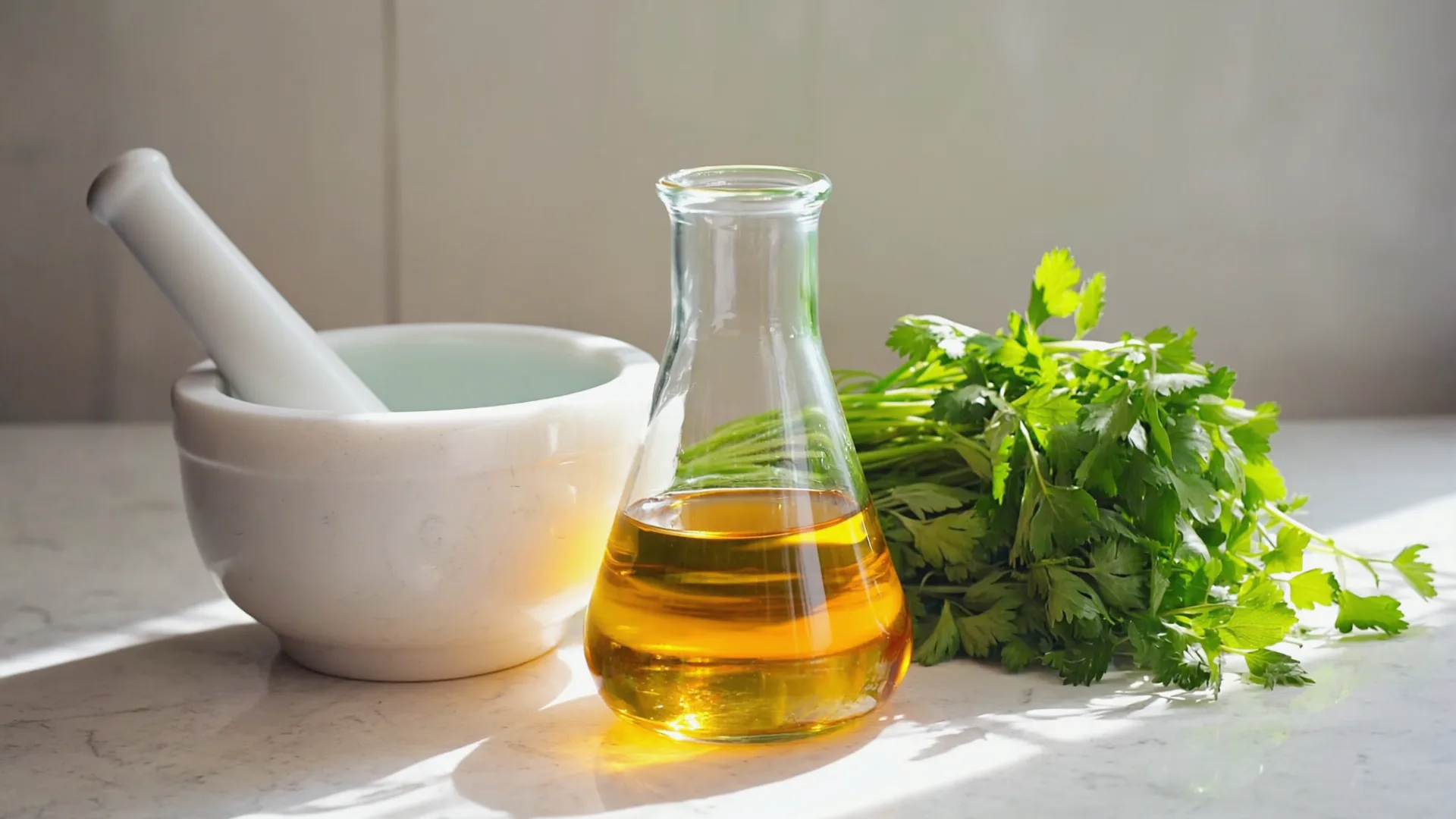 A mortar and pestle with fresh green herbs beside a flask of golden oil on a marble counter in soft morning light