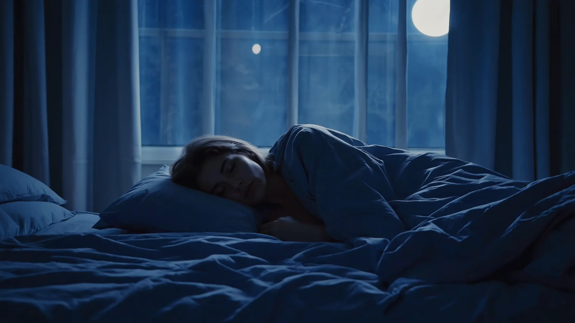 A person sleeping calmly on their side under a duvet in soft moonlight, deep restful quiet mood