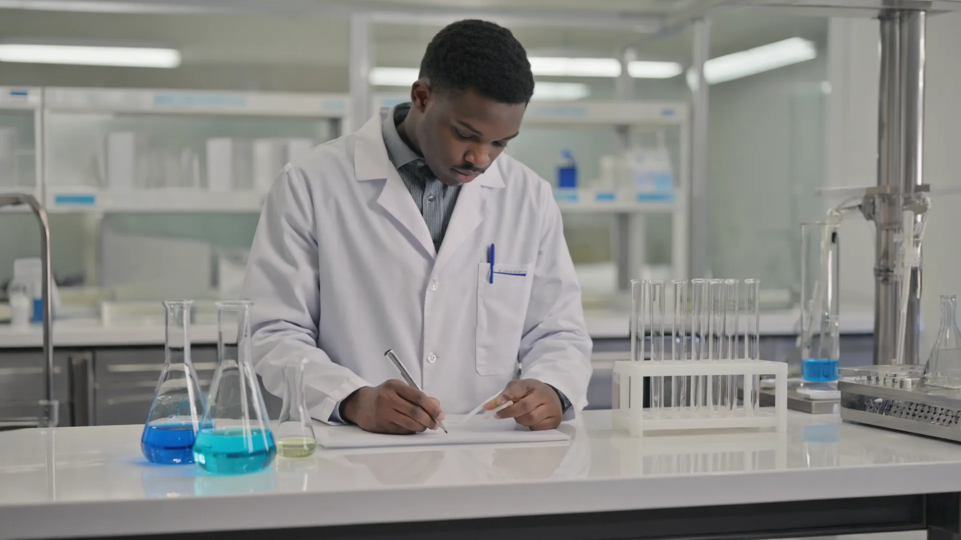 A scientist in a lab coat writing notes at a laboratory bench with glassware, cool daylight