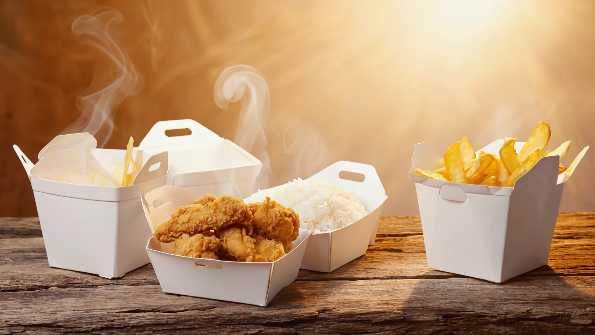 Portions, not ingredients, are the story Plain takeaway containers of chips, rice and fried chicken on a wooden table
