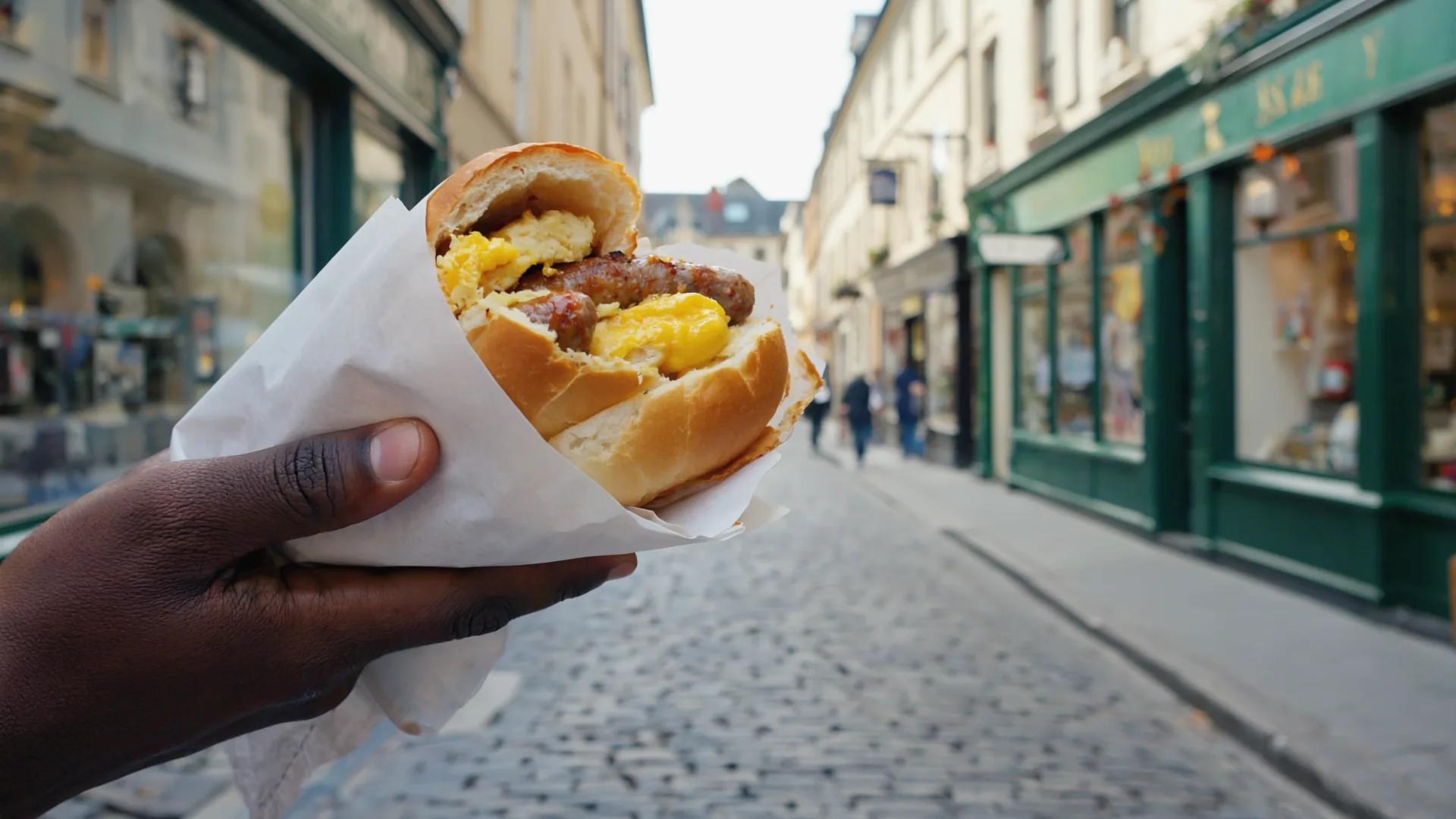 A garage breakfast roll is more than a snack A takeaway breakfast roll wrapped in paper being held up on a street