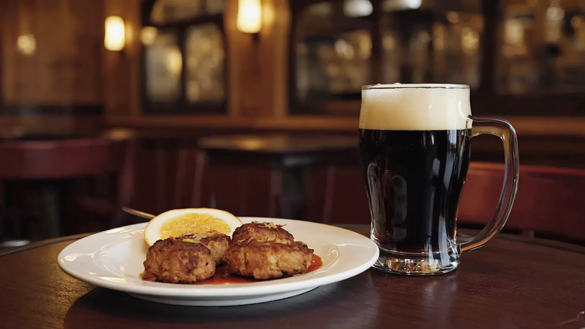 A pub dinner plus a pint adds up fast A plate of pub food with a pint on a dark wooden bar table