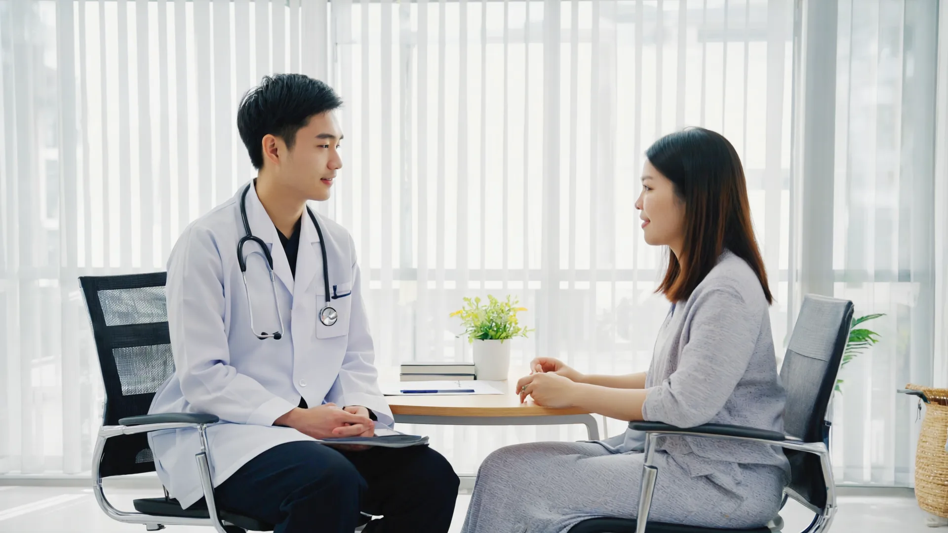 A calm clinician and patient talking in a bright, modern consultation room